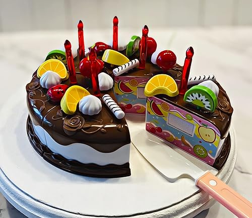 Miniatura 2 de Pastel de cumpleaños falso - Decoración de pastel falso de chocolate con frutas y velas