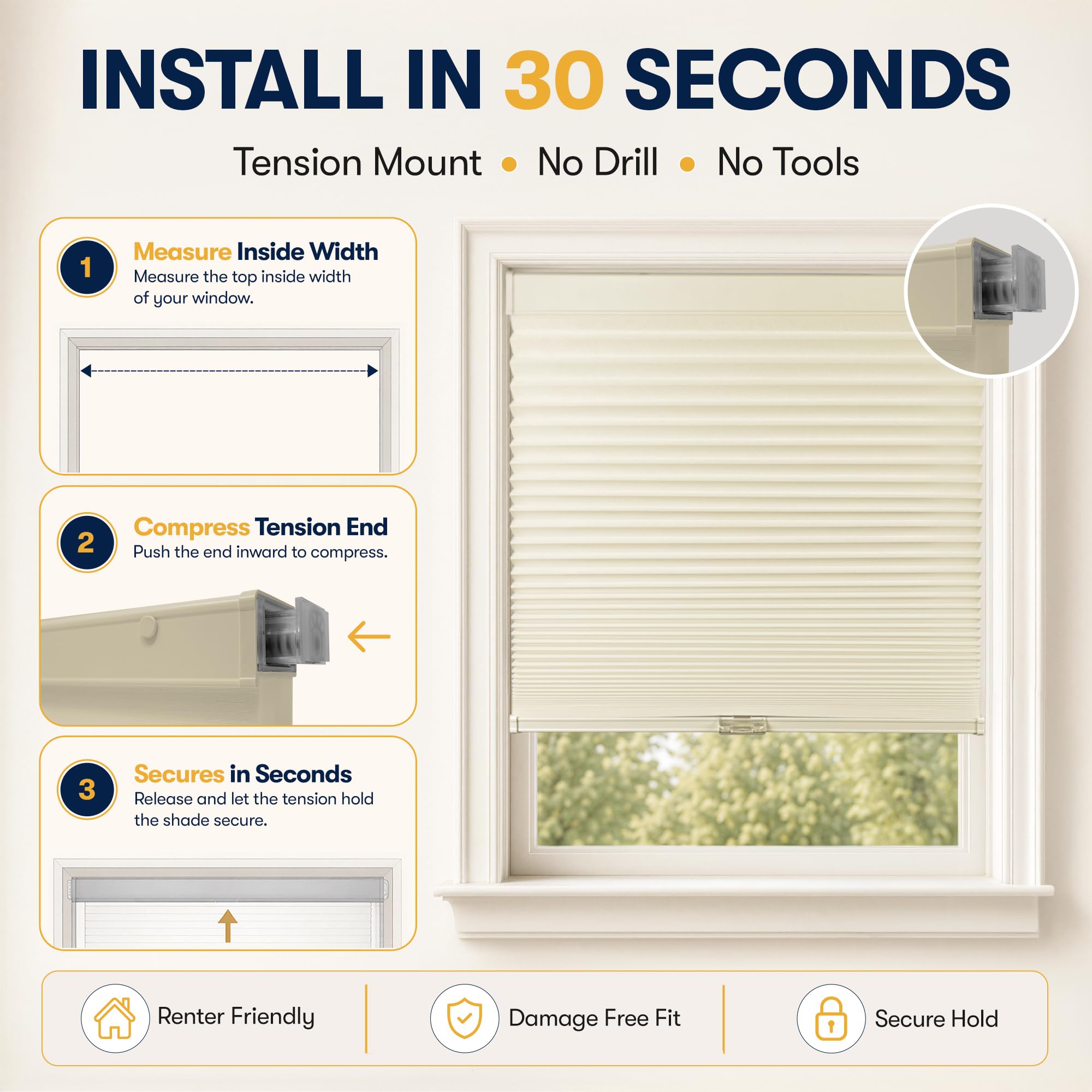 Condition photo showing Good Condition for blindsavenue cordless cellular shades, tension mount, no tools no drill, thermal insulation, light filtering honeycomb blind for indoor windows, color: winter white, size: 30.5" w x 72" h