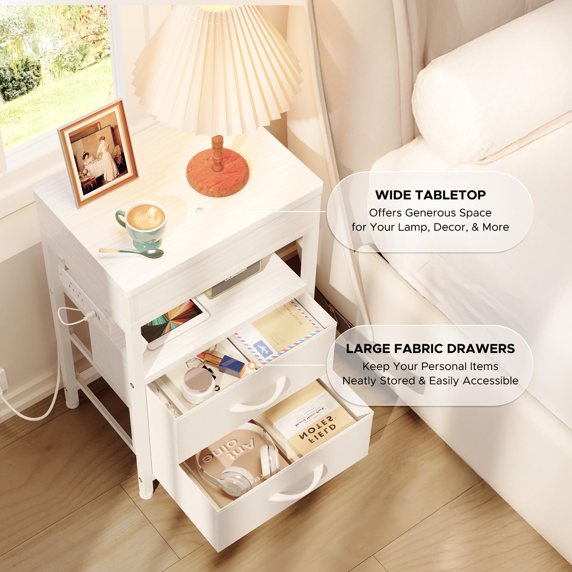 Mesita de noche con cajón oculto, mesita de noche con estación de carga y almacenamiento superior deslizante, mesa auxiliar de cama con 2 cajones de tela, mesita de noche moderna para dormitorio, sala 6