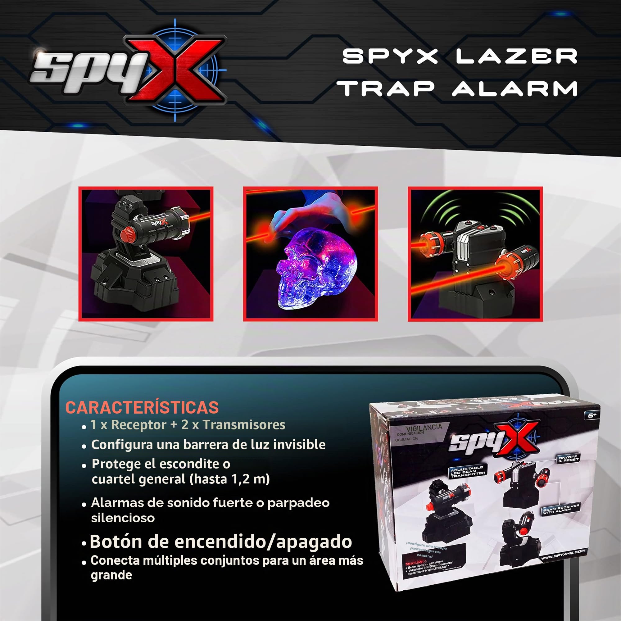 SpyX Lazer - Alarma de Trampa para niños, protégete con Haces de Alambre LED Invisibles para Divertidas misiones de espía, Incluye 2 Haces superbrillantes y Alarma receptora, más de 6 años