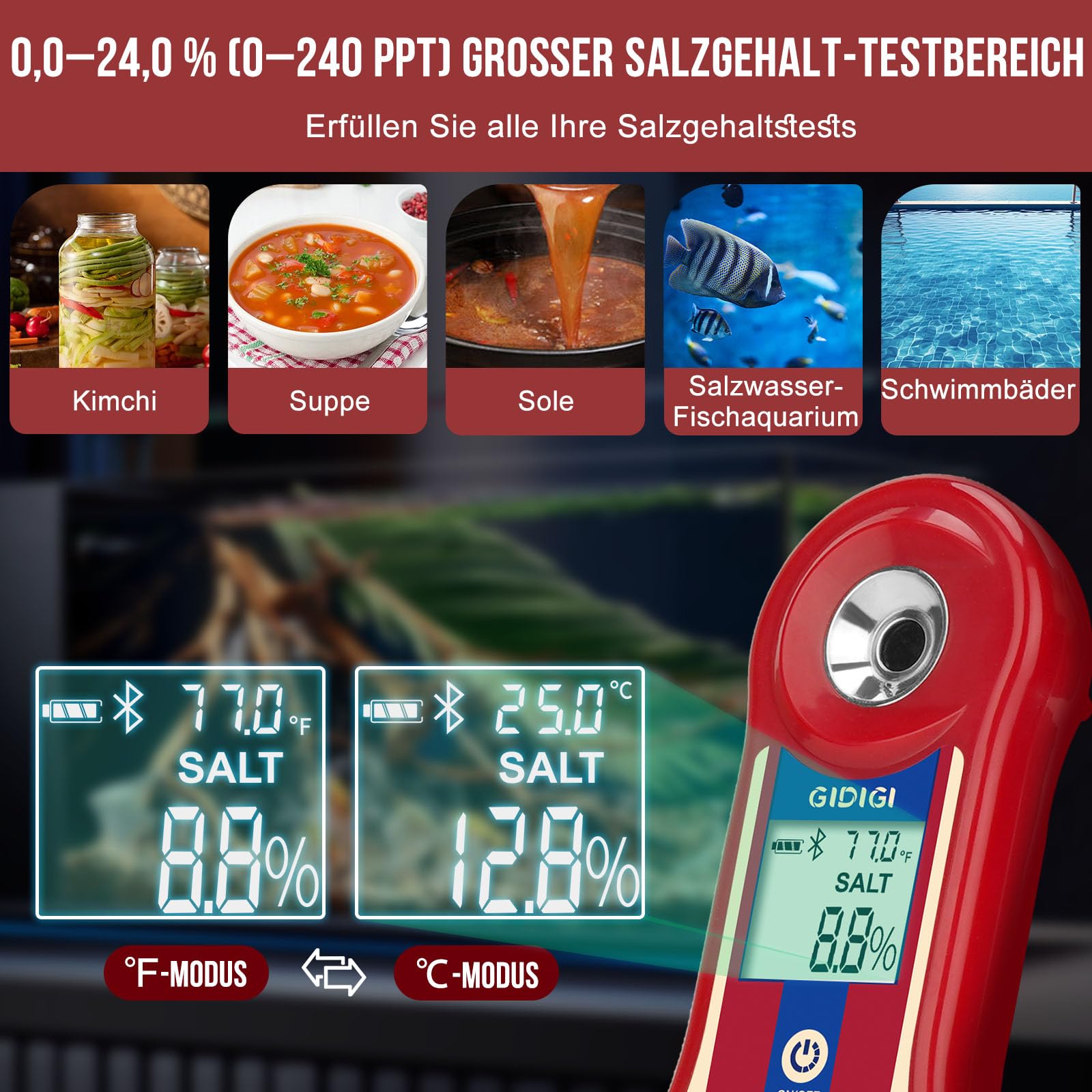 Brix-Refraktometer und Salzgehaltstester, intelligentes Zucker-Brix-Messgerät, Salzrefraktometer für Salzwasser mit ATC, Brix-Messbereich 0,0–60% für Obst, Wein und Bier