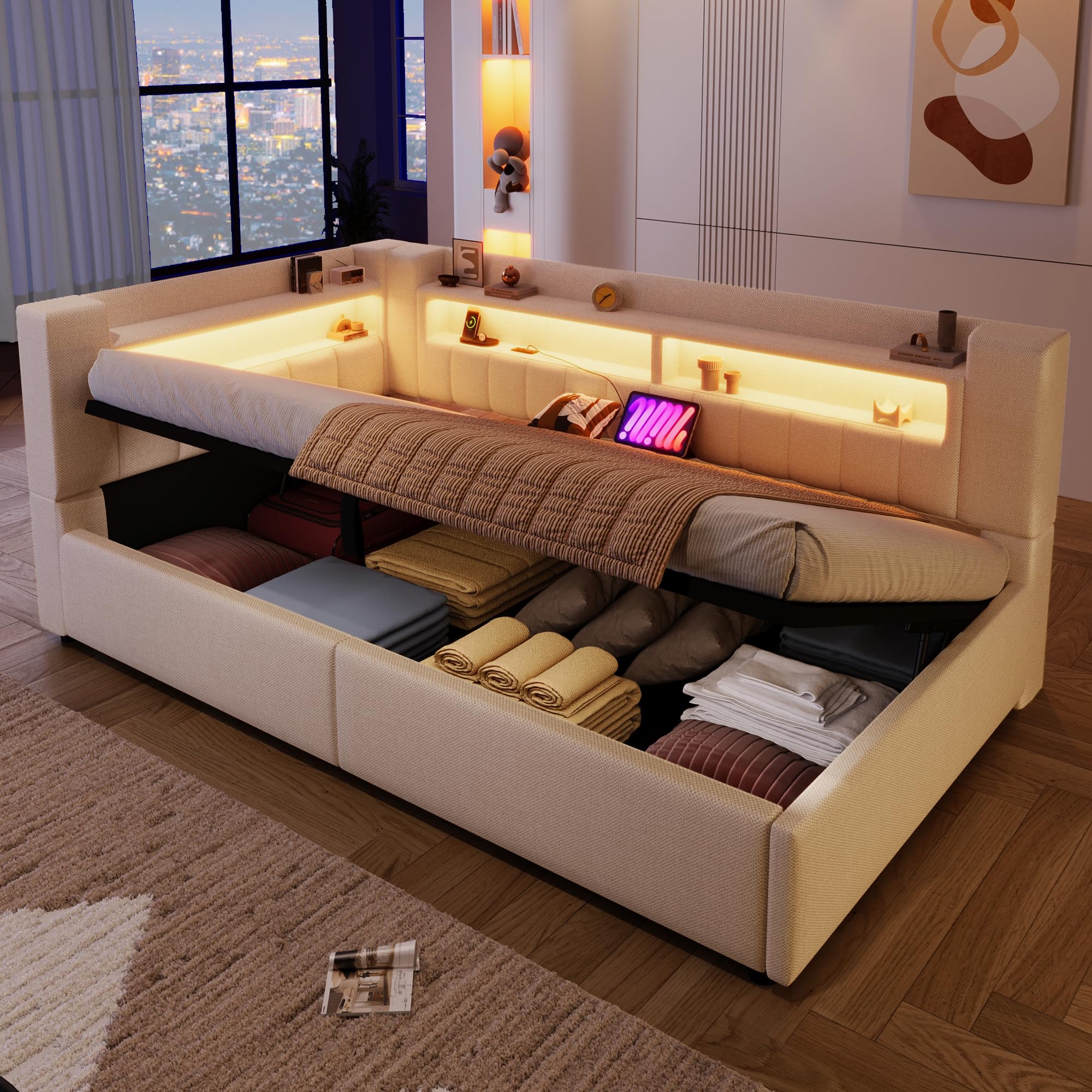 Moimhear Daybett, Hydraulische Lagerungt, Mit USB Typ-C Ladefunktion, Sofabett, Einzelbett, Ohne Matratze, Leinen, minimalistischer Stil (Beige, 90x200cm)