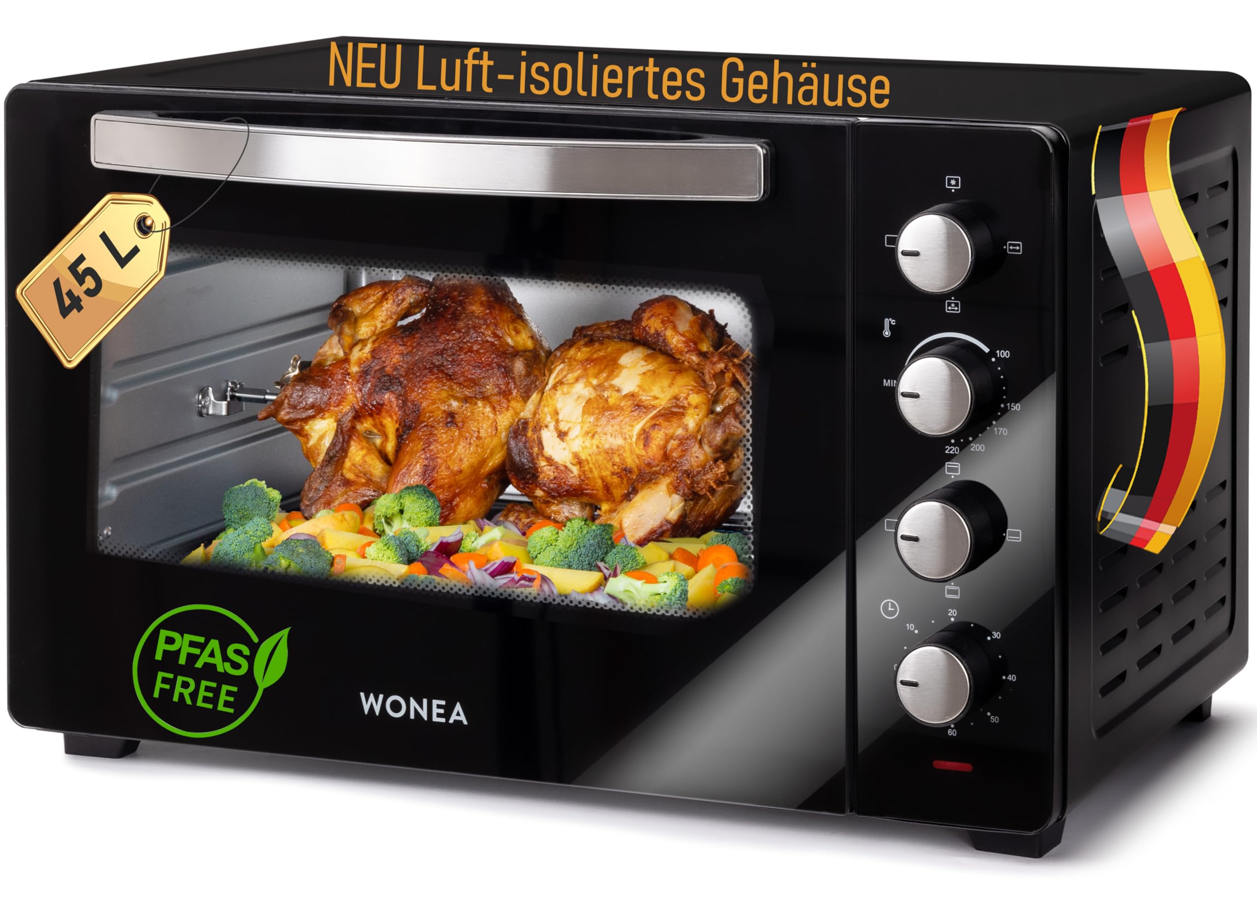 Minibackofen 45 Liter mit Glasfront und 2.000 Watt | Mini Backofen mit Umluft, Drehspieß und Krümelblech | Ober-/Unterhitze | Konvektion | 60 min Timer | Neues luft-isolierten Gehäuse, Mini-Ofen