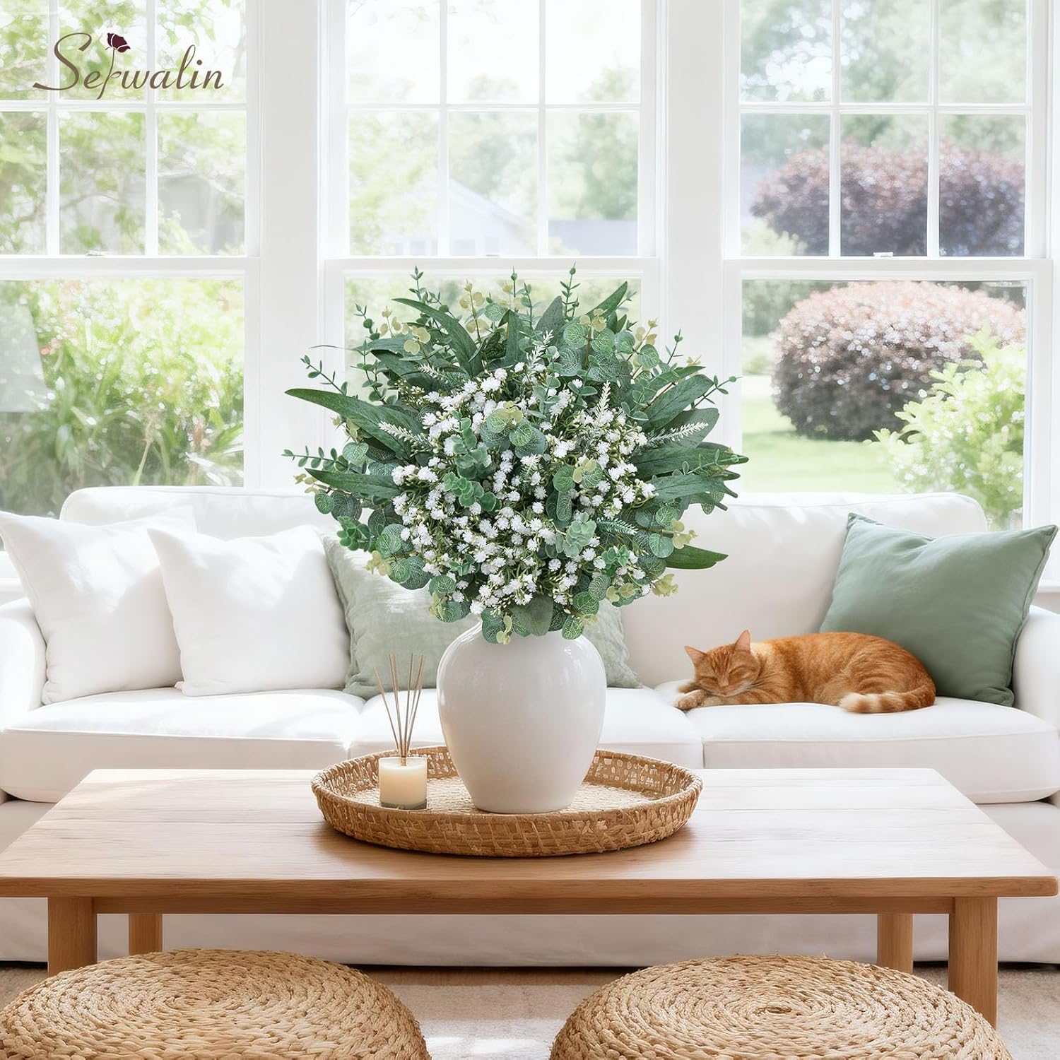 Serwalin 90 Pcs 7 Kinds Mixed Artificial Eucalyptus Greenery Stems, Baby Breath Flowers Artificial with Faux Leaves for DIY Bouquets Wedding Floral Centerpieces Vase Table Home Decor