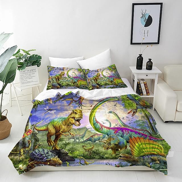 ANHOPE Dinosaur Duvet Cover Set Soft Comforter Cover Set with Animal Dino Print Pattern Decorative 3 Piece Bedding Set with Pillowcase All Season Quilt Cover with Zipper for Kids Adults Single Size