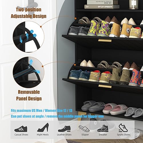 Miniatura 3 de Zapatero con 2 cajones abatibles, almacenamiento de zapatos independiente con patas de metal, moderno organizador de zapatos con estante abierto,