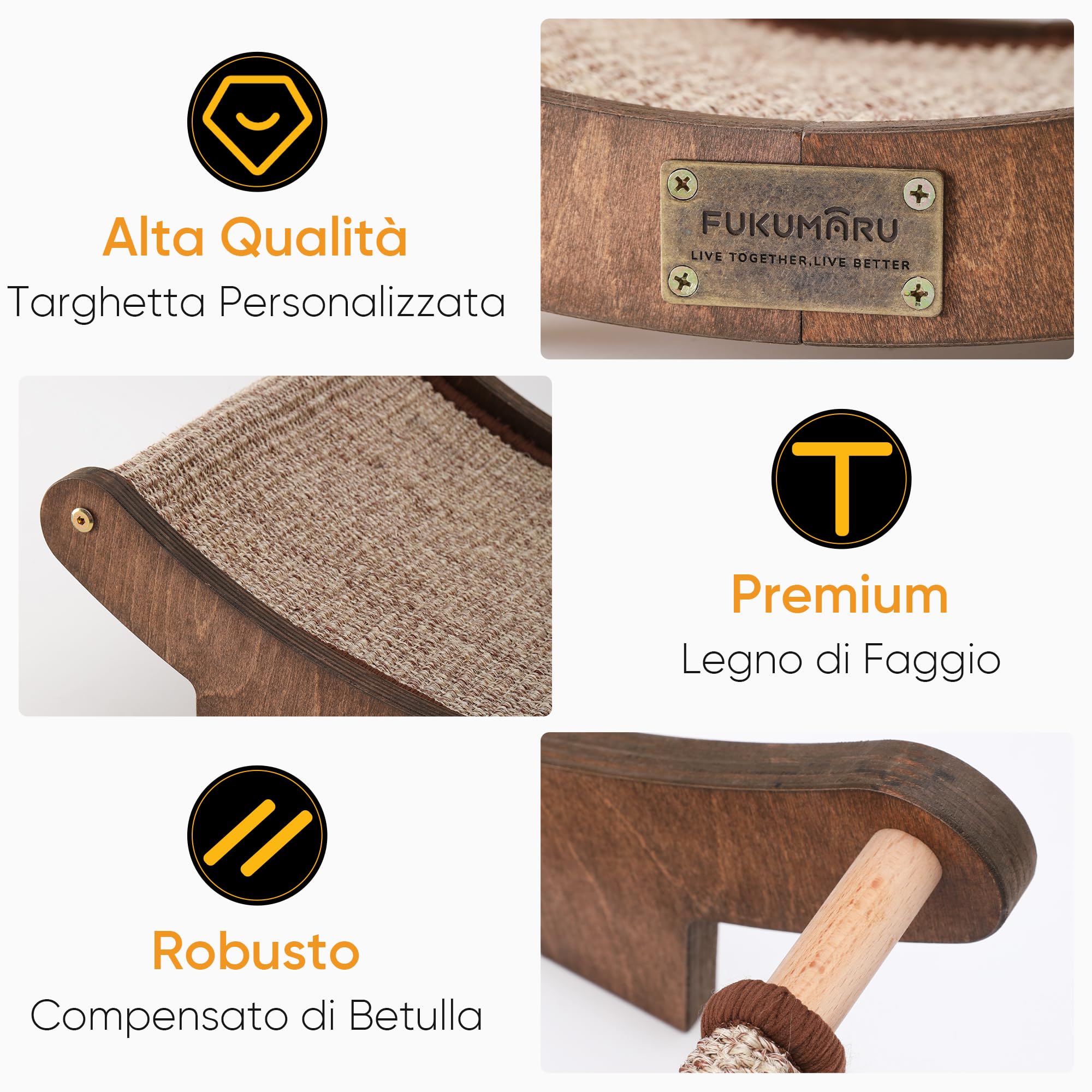 FUKUMARU Cuccia Tiragraffi in Sisal per Gatti, 60cm Letto Tiragraffi Resistente per Gatti da Interno, Amaca in Sisal Naturale 100%, Struttura in Legno Massello per Dormire e Farsi le Unghie (Noce)