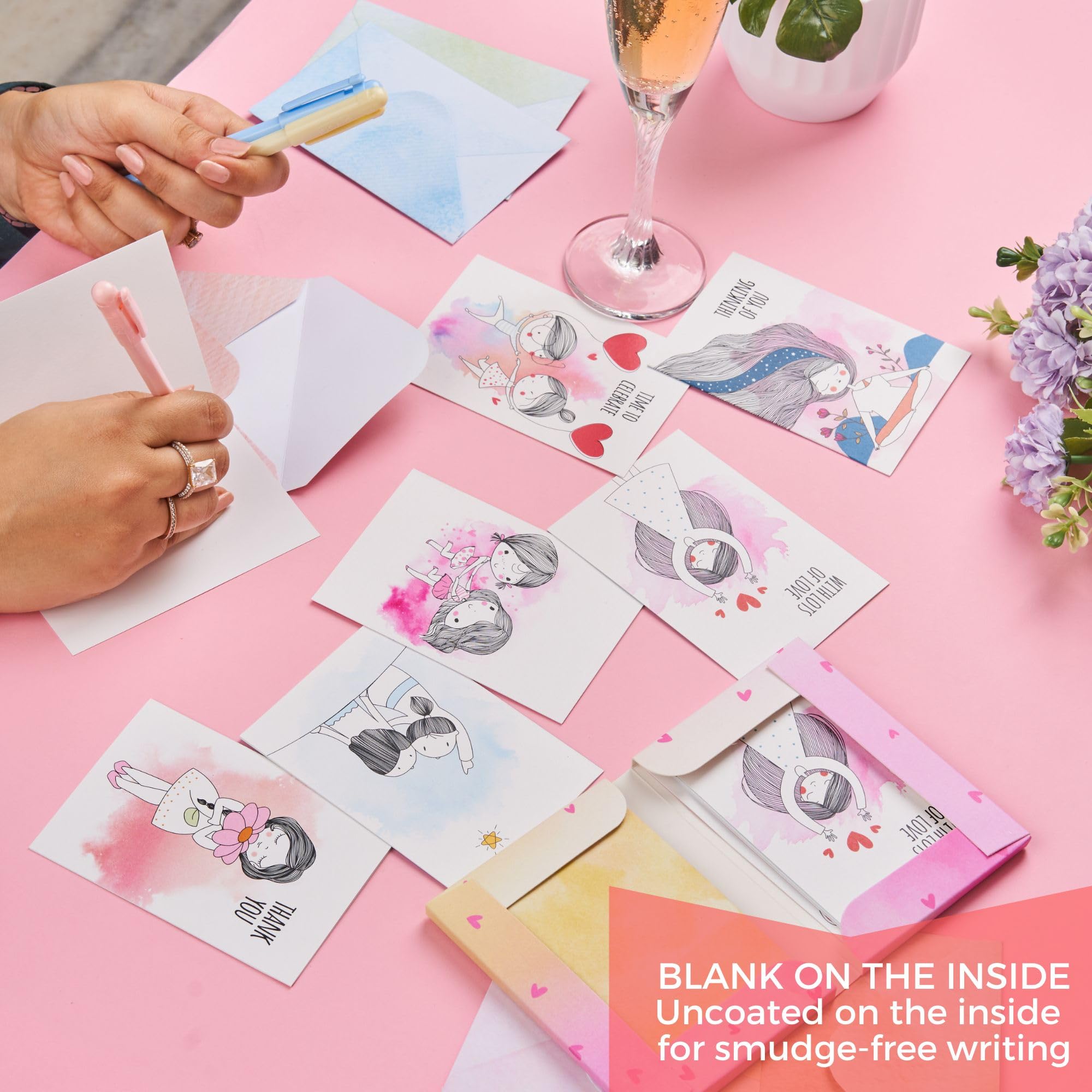 DOODLE Set of 12 Blank Notecards | Coloured Envelopes | Jacket Style Packaging | 6 Different Designs for all Occasions | 3 x 4.25 inches, 160 gsm - You and Me 3