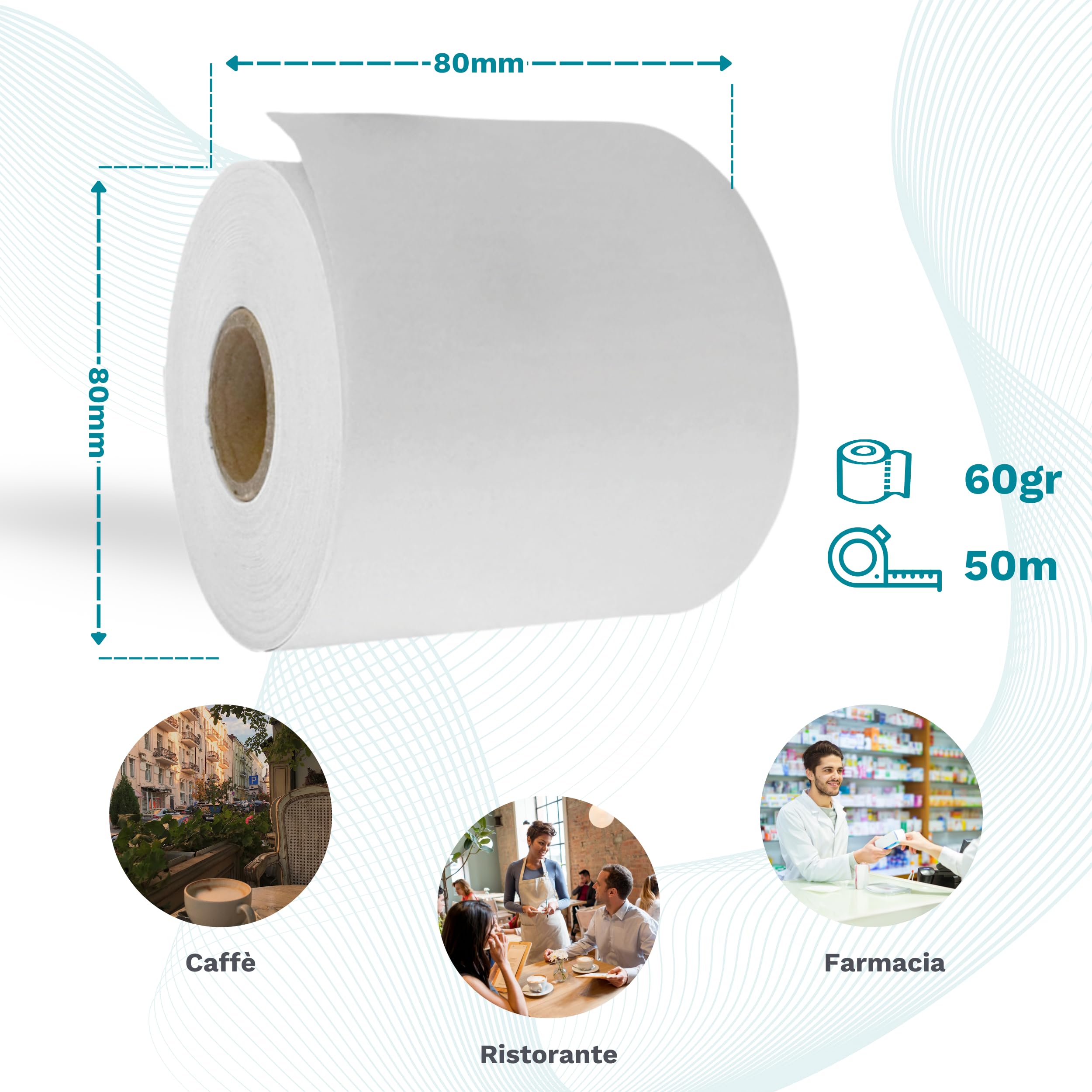 Rotoli Termici 80x80 mm - 50 Rotoli Carta Termica | Rotoli Scontrini Fiscali per Registratore Cassa e Bilance, 60 Gr, 50 Metri/Rotolo, Rotoli Cassa 80x80 Termica Fiscale