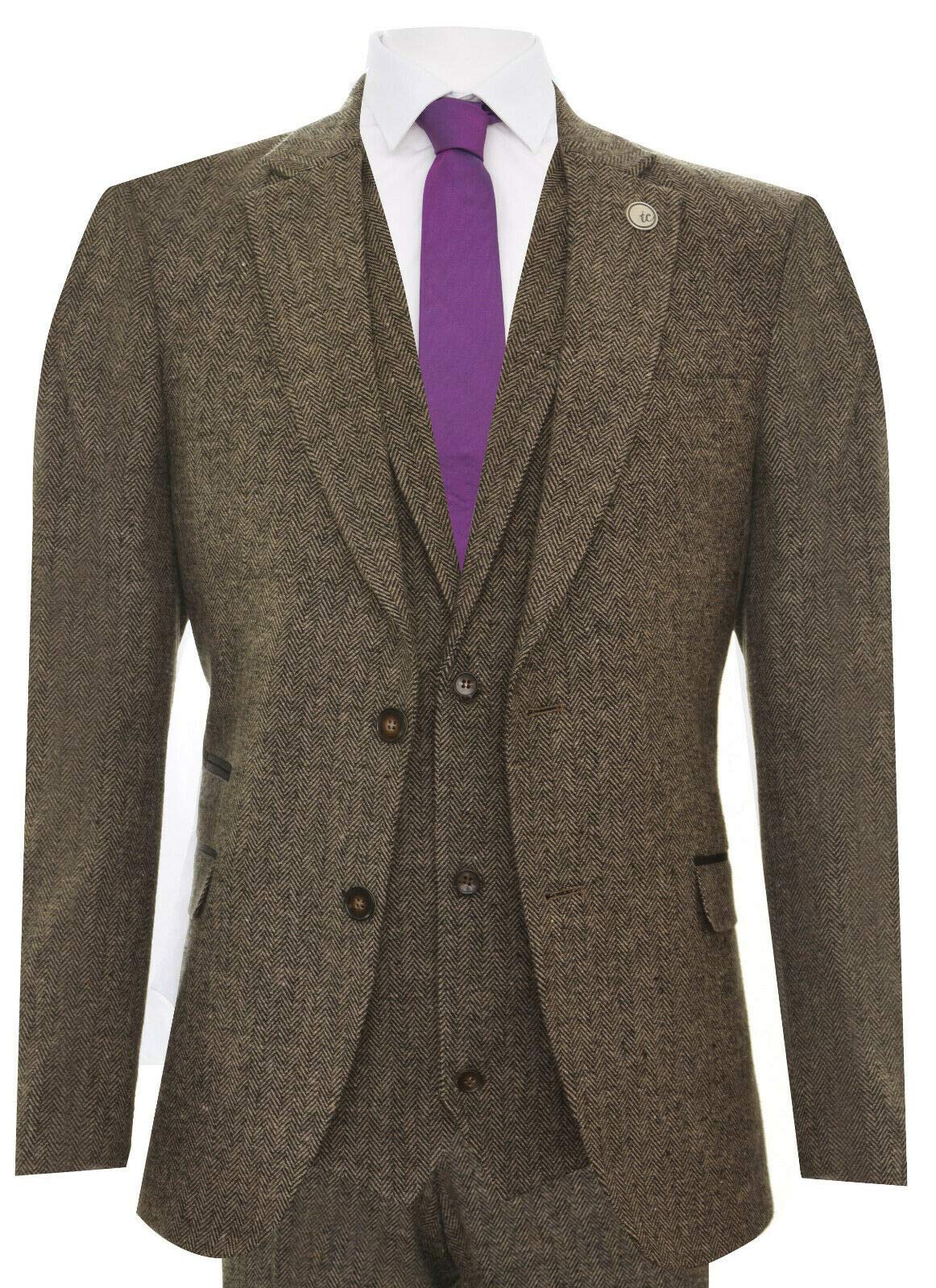 Tru Clothing Abito a 3 Pezzi Marrone da Uomo in Lana a Spina di Pesce Stile Anni '20 Blinders