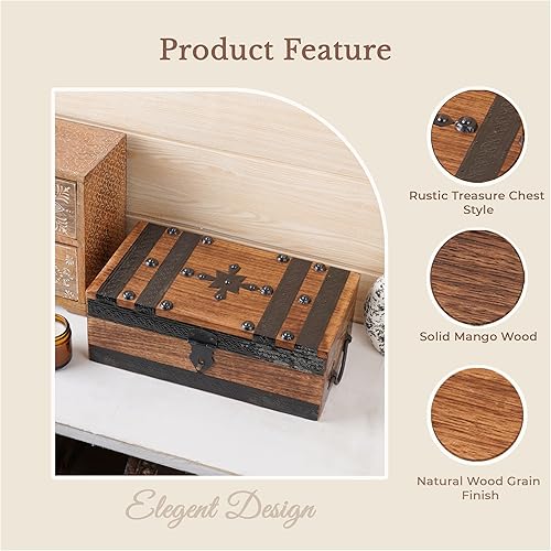 Miniatura 4 de Ajuny Cofre del tesoro de madera hecho a mano, caja de recuerdo vintage y joyería con tiras de concha, almacenamiento de regalo multiusos para
