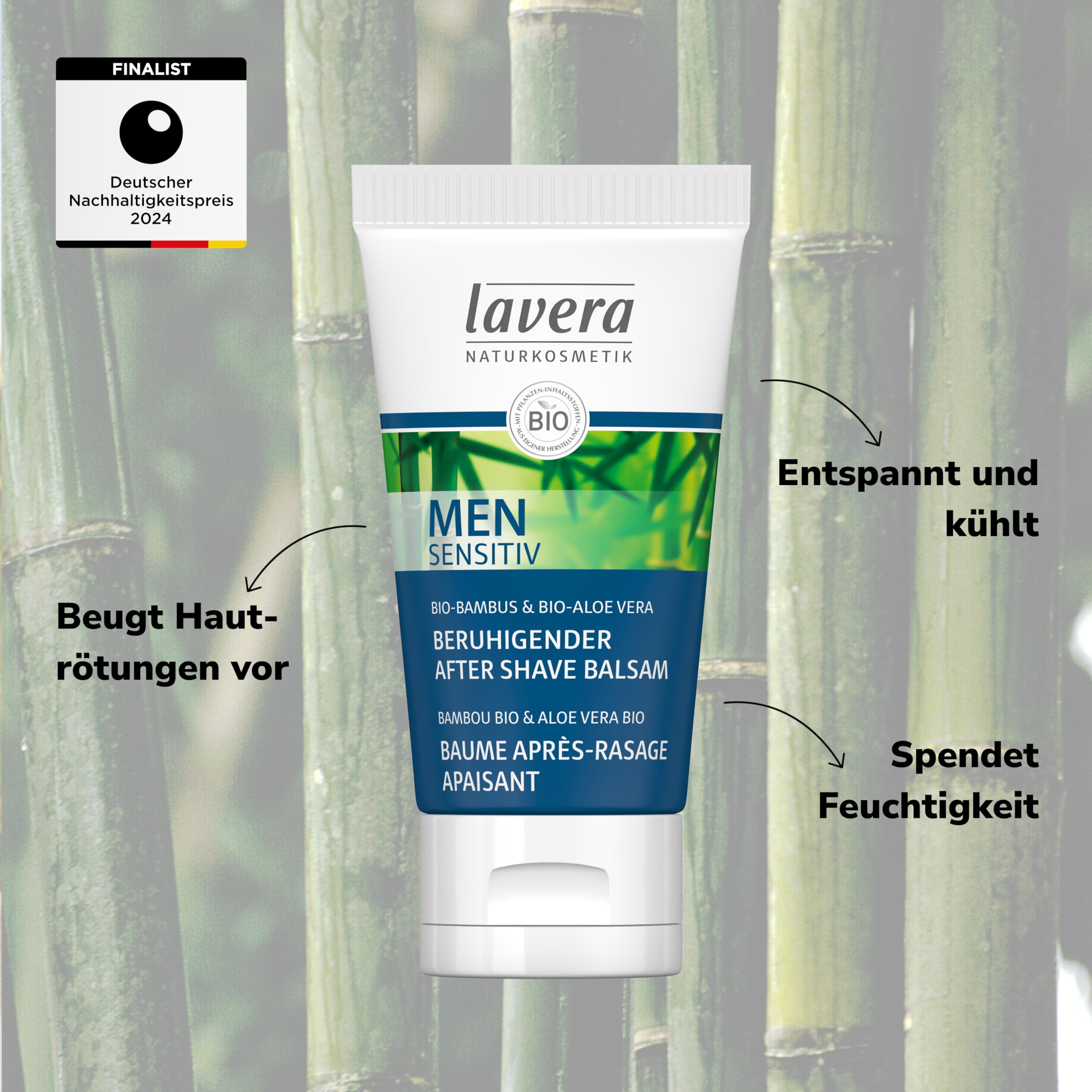 lavera Men sensitiv uspokajający balsam po goleniu – z bambusem organicznym i aloesem – zapobiega zaczerwienieniom skóry i uspokaja wrażliwą skórę po goleniu – naturalny kosmetyk – wegański – ekologiczny (1 x 50 ml)