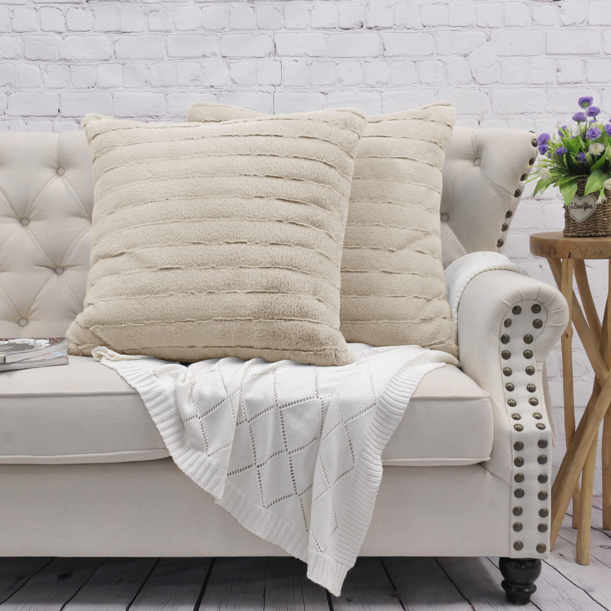 BYTIDE Striped Faux Fur Decorative Euro Throw Pillow Covers with Sherpa Back 26 x 26 Inches Set of 2, Plush Soft Luxury Cushion Case Pillowcase for