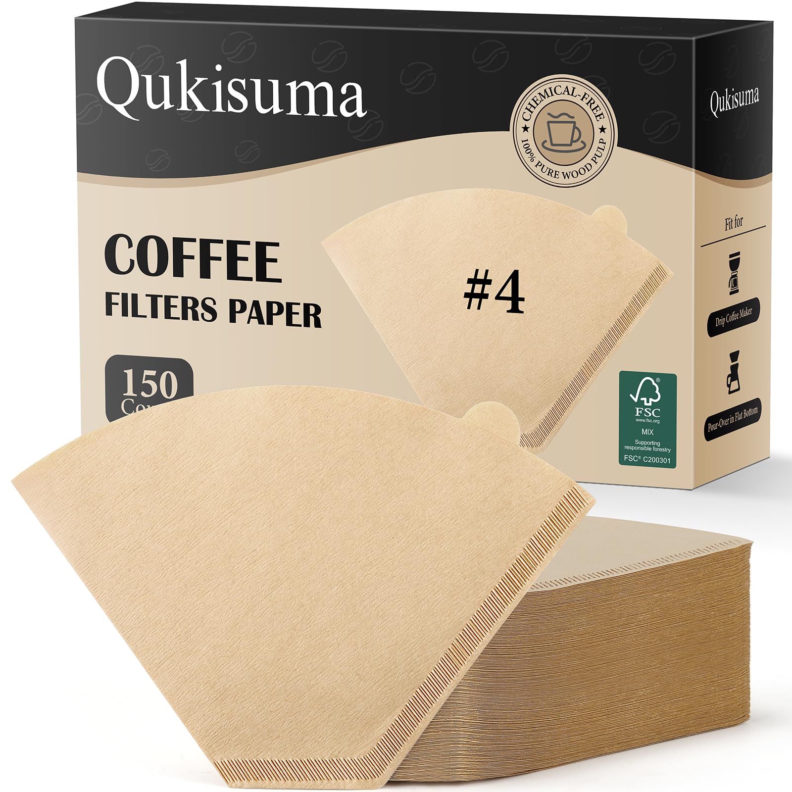 Qukisuma 150 Count #4 Coffee Filters, Number 4 Cone Coffee Paper Filters for Pour Over and Drip Coffee Maker, 8-12 Cups (Unbleached Natural)