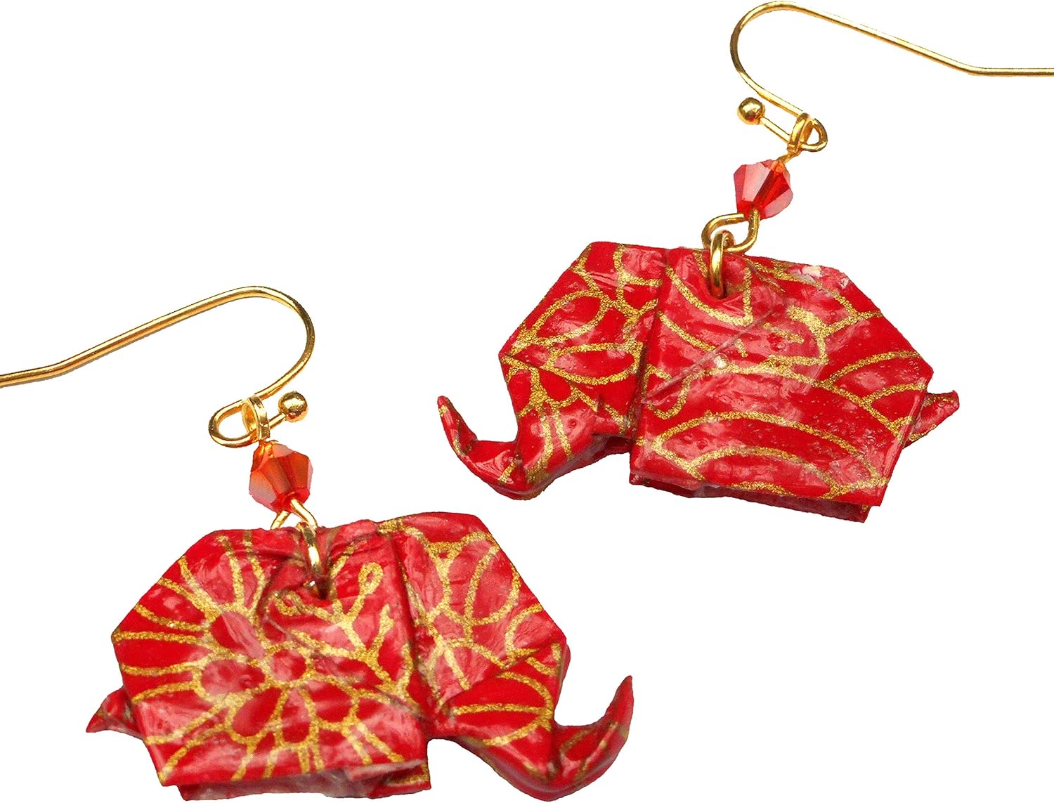 Red Gold Print Paper Origami Elephant with Glass Bead Earrings, Birthday 1st Anniversary Lucky Gift