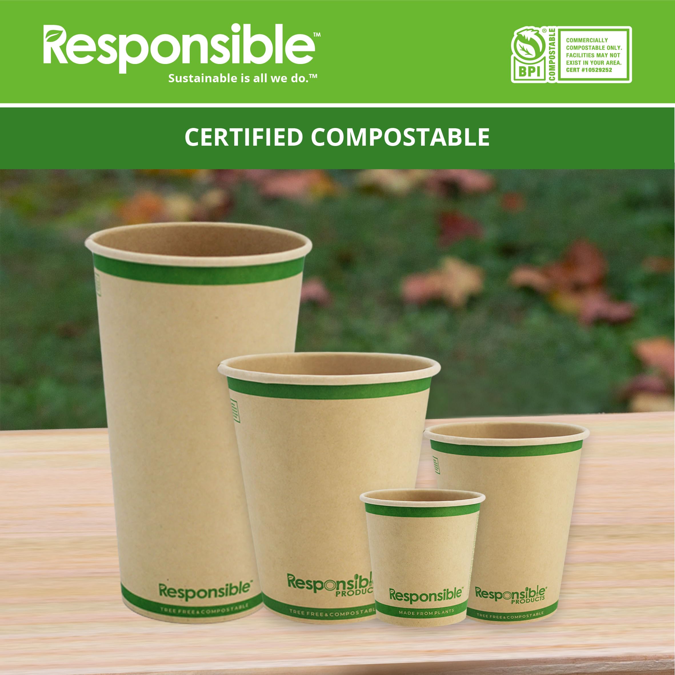 Responsible Products Vasos de papel compostables certificados de 12 onzas, tazas de café frío y caliente, vasos de papel desechables, vasos desechables extra resistentes, fabricados sin PFAS (50