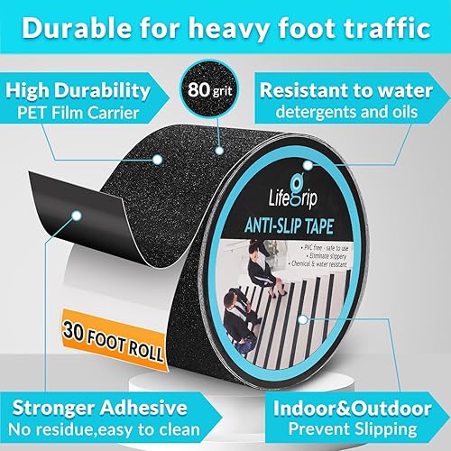 Miniatura 175 de Cinta de tracción antideslizante, 12 pulgadas x 30 pies, mejor agarre, fricción, adhesivo abrasivo para escaleras, peldaños en pisadas, interiores