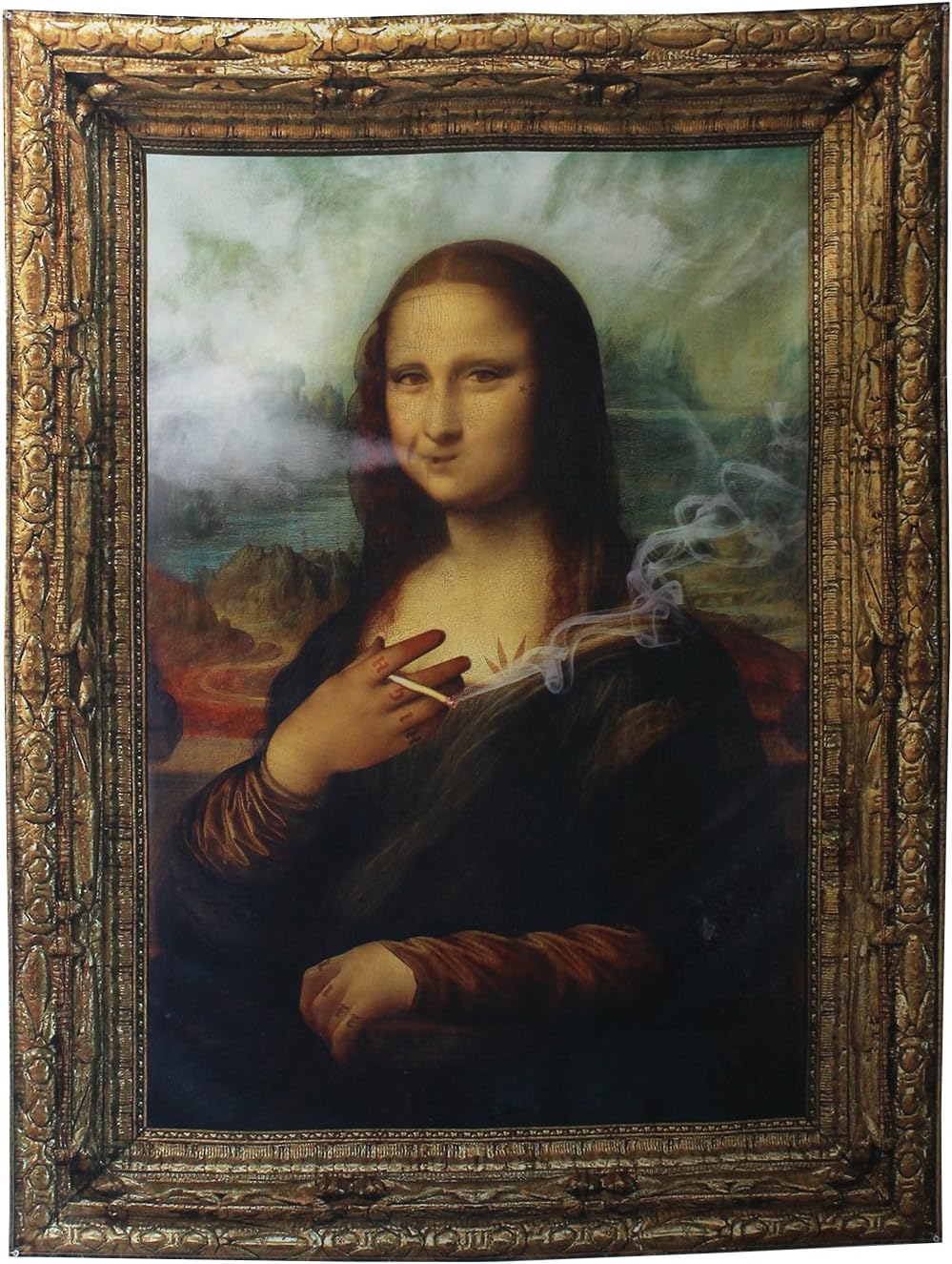 steelplant Stona Lisa large vivid fabric printed textile. mona lisa smoking weed joint remix tapestry high definition print on polyester with sewn edge