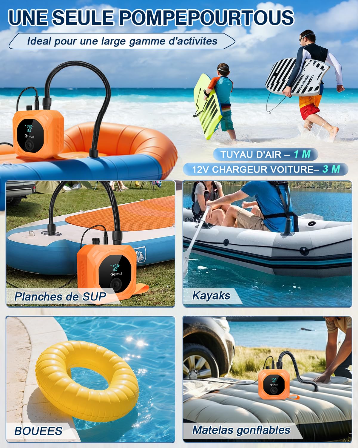 Pompe Électrique Sup (Option Avec Batterie/Sans Batterie) Lytool Gonfleur Paddle Haute Pression 50 PSI avec Arrêt Automatique Planches Stand Up Paddle,Bateaux,Kayaks,Voiture,Vélo