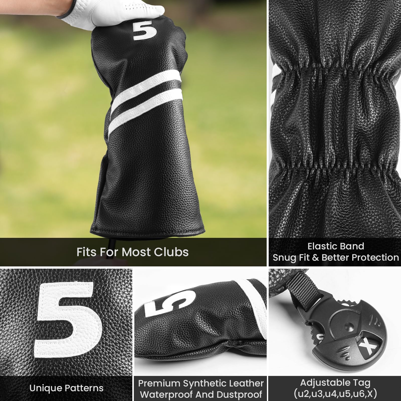 Golf Schlägerhauben für Driver,Fairway Hybrid Rescue Eisenkopfhüllen Strapazierfähiges Leder Schwarz Auffällige Nummern Universal für Herren Damen Golfer