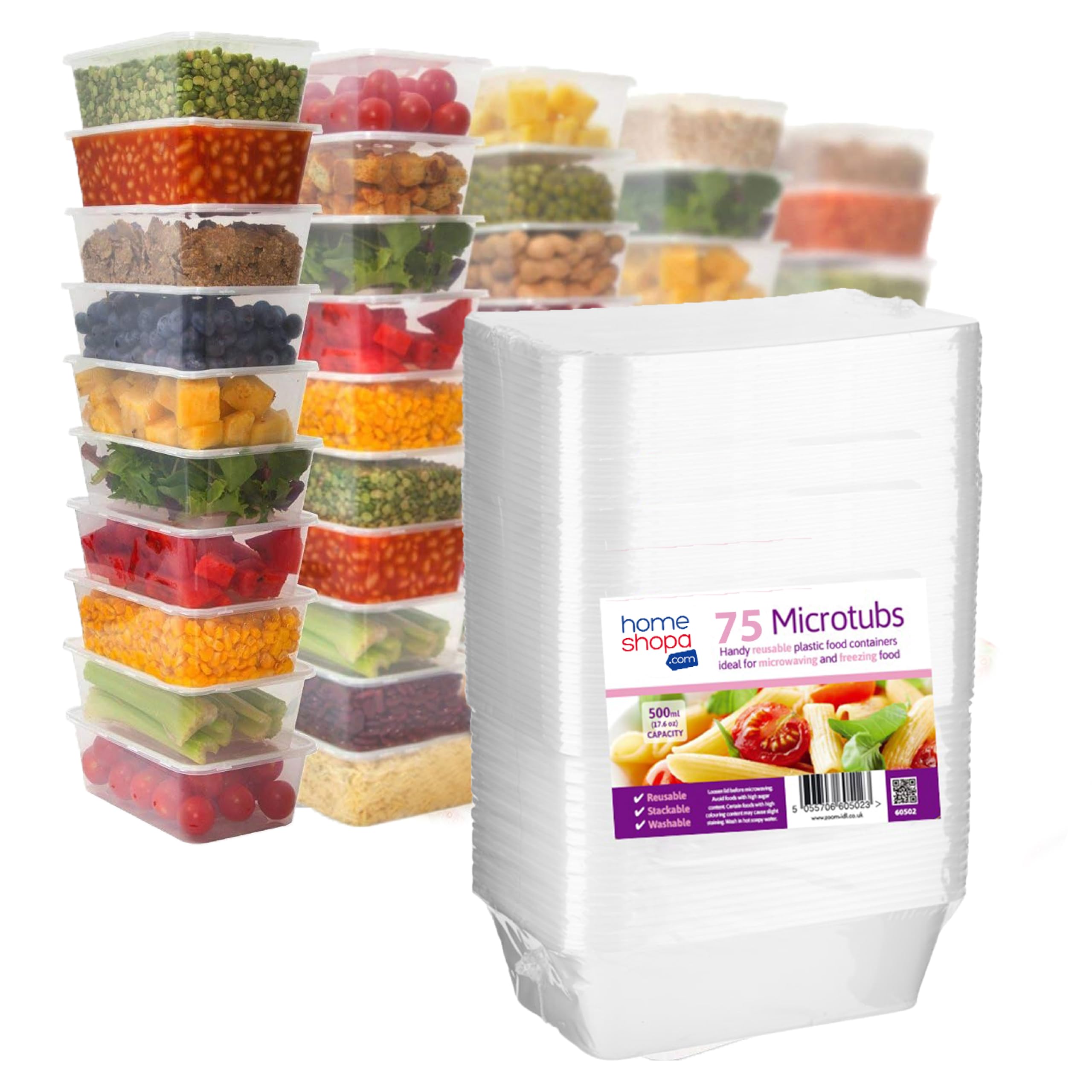 Homeshopa.com Homeshopa Plastic Food Storage Containers, 75 Pack 500Ml Clear Rectangular Microwave Takeaway Tubs With Lids, Bpa Free Stackable Airtight Reusable, Dishwasher & Freezer Safe