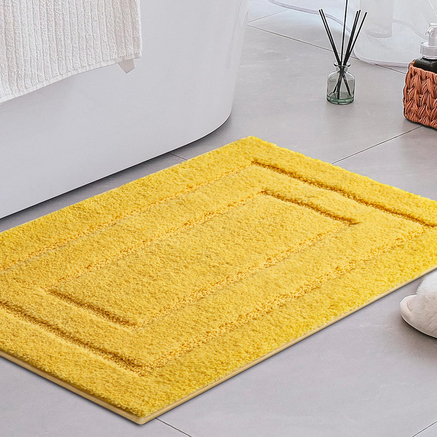Duschvorleger & Badematte Gelb – Weicher, Rutschfester Läufer Mit Blumenmuster, 25.6x25.6 Zoll