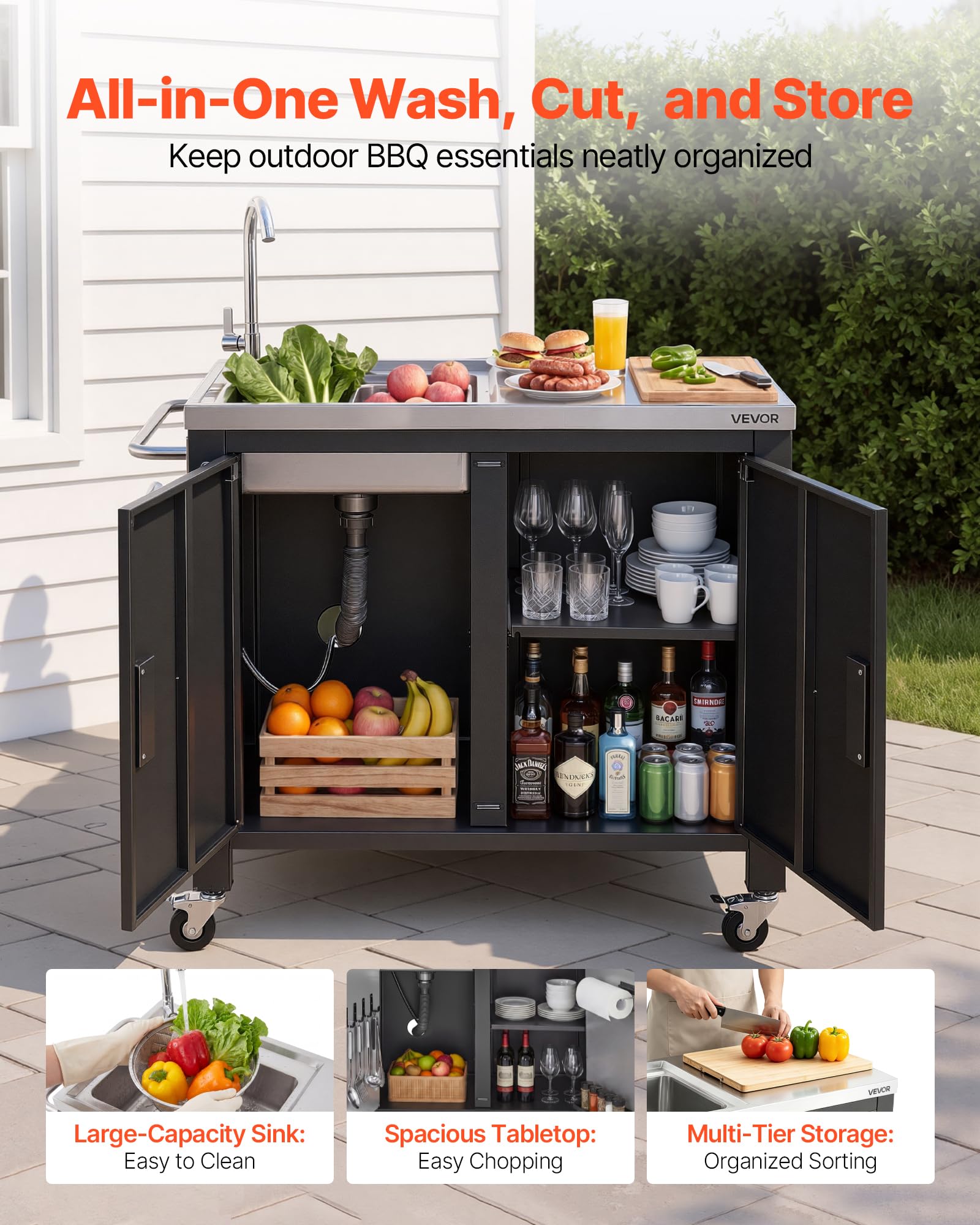 VEVOR Mesa de Barbacoa 965 x 460 x 909 mm Tablero de Acero Inoxidable, Carrito de Cocina con Fregadero, con Ruedas, con Armario de Almacenamiento, con Toallero, para Jardín, Bar, Zona de Barbacoa