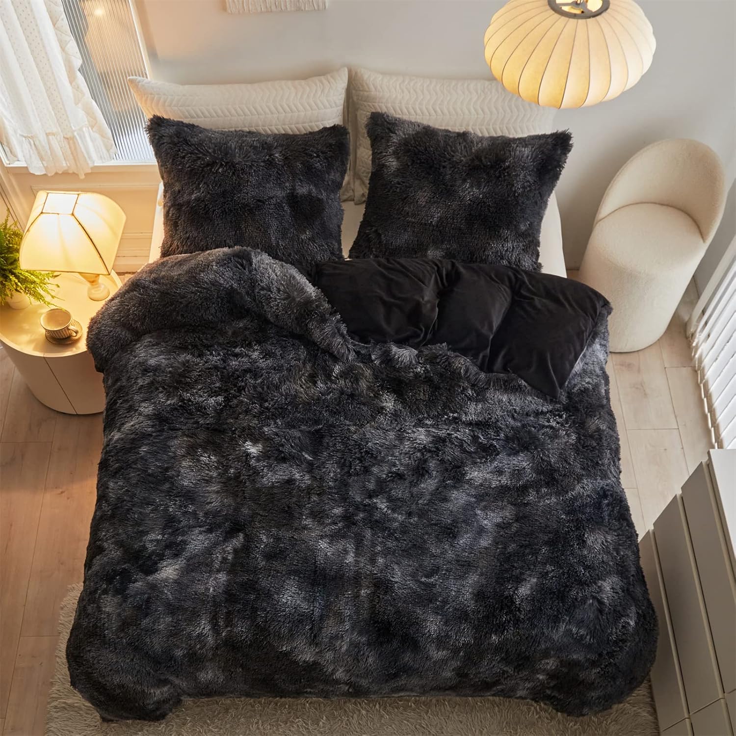 Shaggy Plush Duvet Cover Set Super Soft Fluffy Faux Fur Comforter Cover Set Luxury Fuzzy Bedding Set 3 Piece(1Duvet Cover+2Pillowcases) with Zipper Clusure(Black Ombre,Queen Size) - Image 3