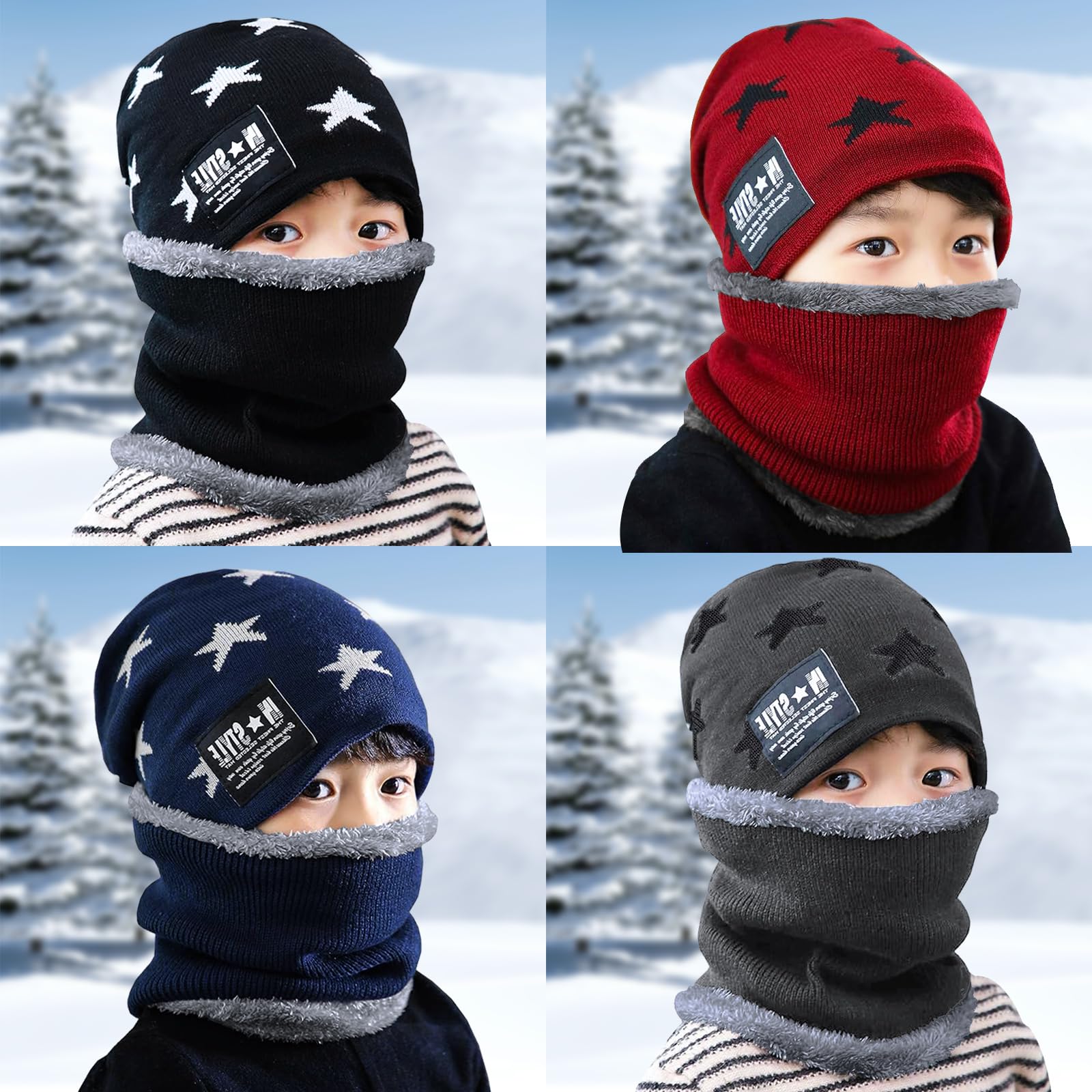 Ensemble Bonnet et Cache Cou, Tour de Cou pour Garçon Fille, Bonnet Garçon avec Snood d'hiver, Écharpe à Doublure Polaire pour Enfant (FR/ES, Alpha/lettres, L, gris)