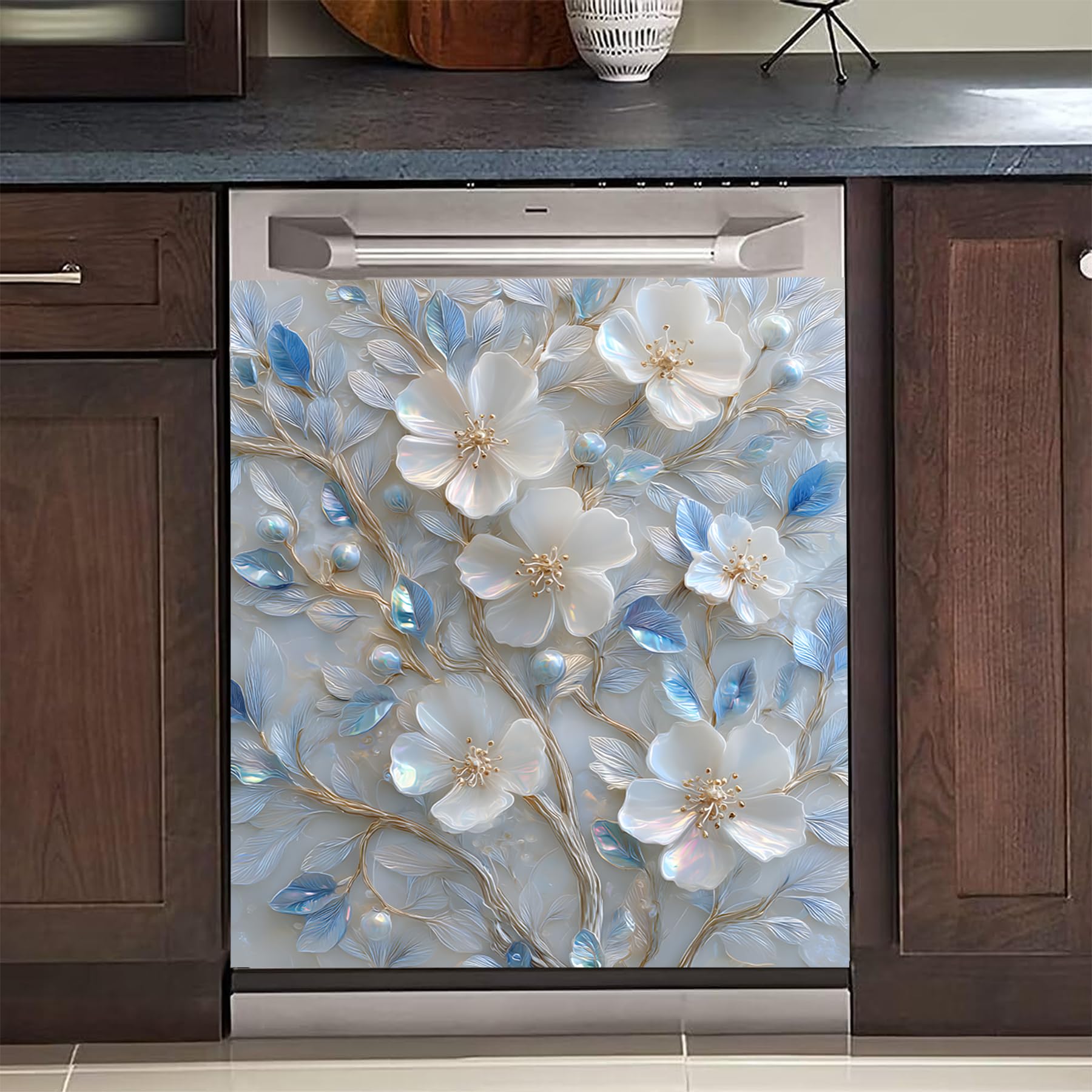 BVBOX Dishwasher Magnet Cover 23"x26", Reusable Magnetic Refrigerator Covers, Decorative Magnets Cover Fridge Door Skin Panel Stickers for Home Kitchen Appliance (Small White Flowers, 23"x26")