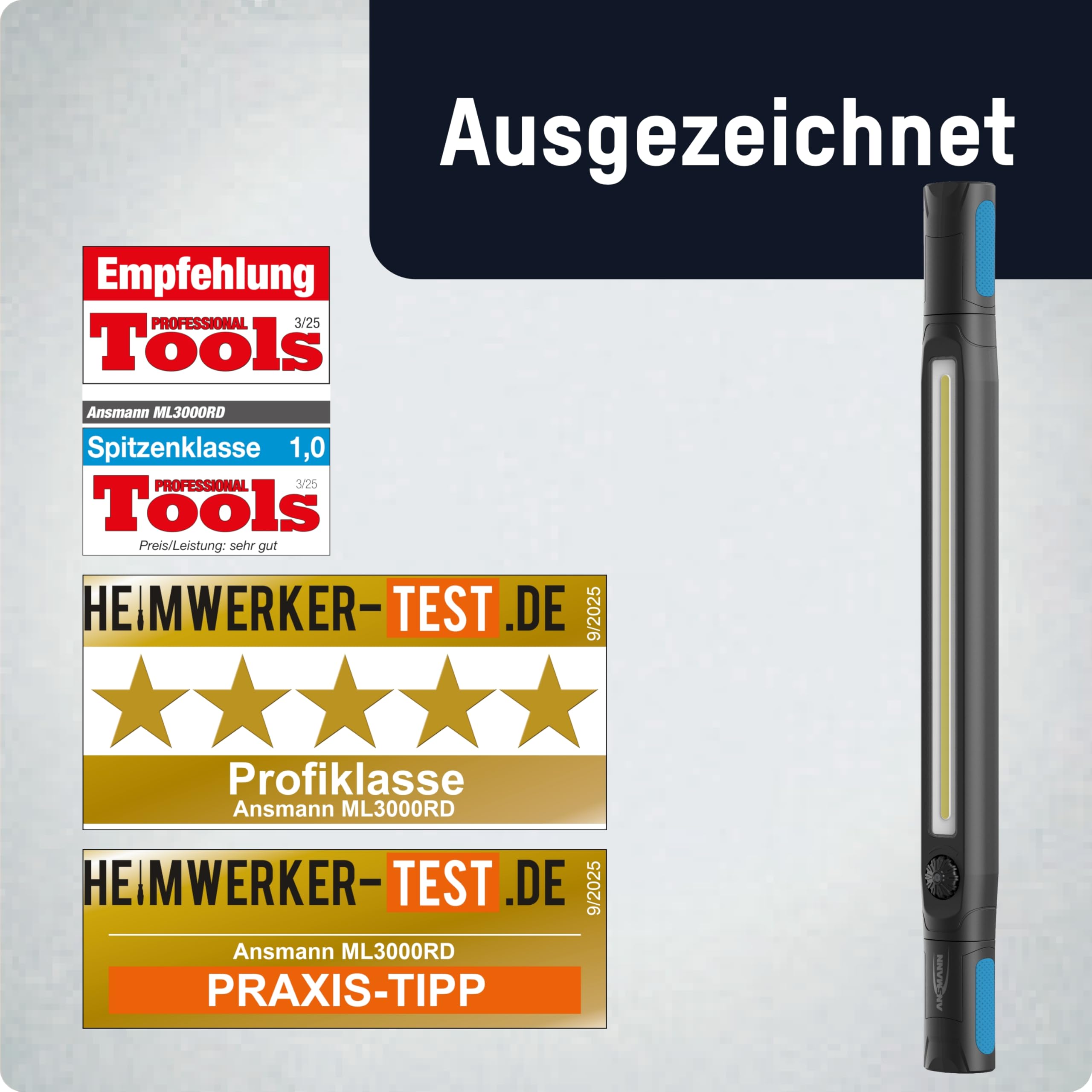 ANSMANN LED Arbeitsleuchte, aufladbare Inspektionsleuchte mit Magnethalterung und Haken, aufladbar via USB, Werkstattlampe, LED Taschenlampe bis zu 3000lm und 8h Leuchtdauer, camping, Werkstatt, KFZ