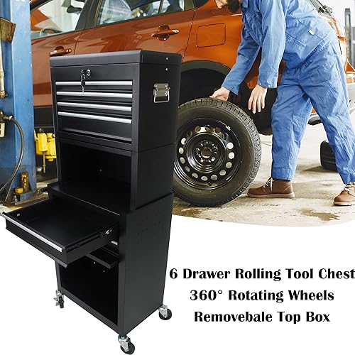 Miniatura 6 de Caja organizadora de herramientas con ruedas de 6 cajones, caja de herramientas de alta capacidad de 2 niveles con ruedas, baúl de herramientas con
