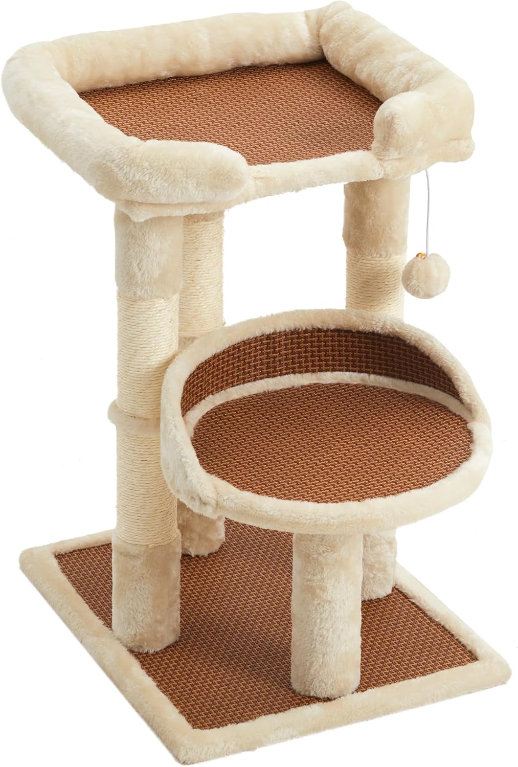 Multi-Level Cat Tree for Indoor Cats, Modern Cat Tower with Double Beds & Scratching Posts, 27in Cat Tree for Large Cats and Kitten, Small Cat Climbing Tower with Hanging Toys, Cream White