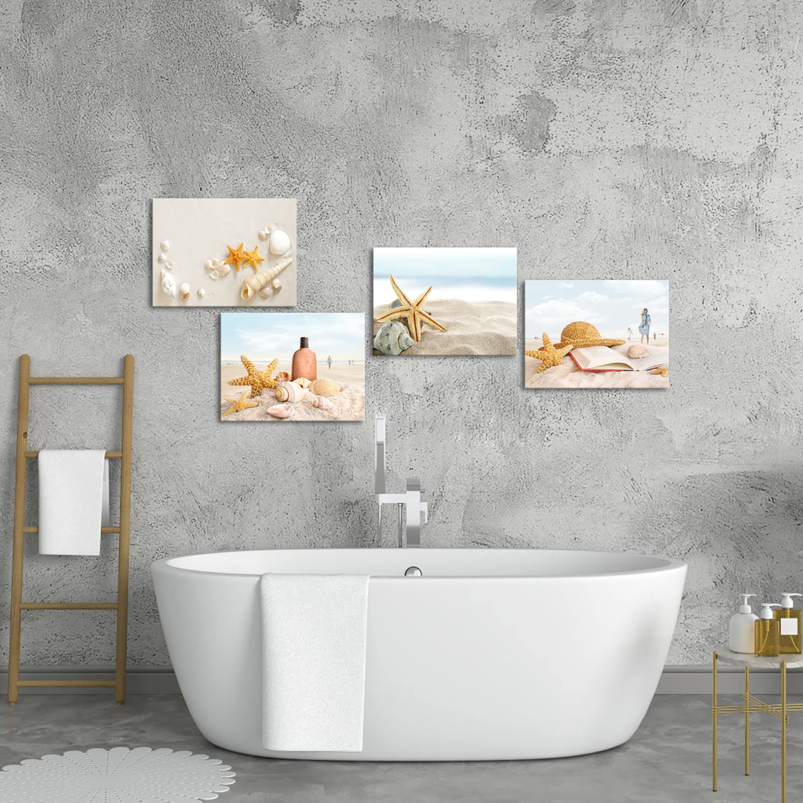 HOMEOART Ocean Coastal Landscape Canvas Wall Art Beach Seashell Wall Pictures Bathroom Decor, Framed Ready to Hang