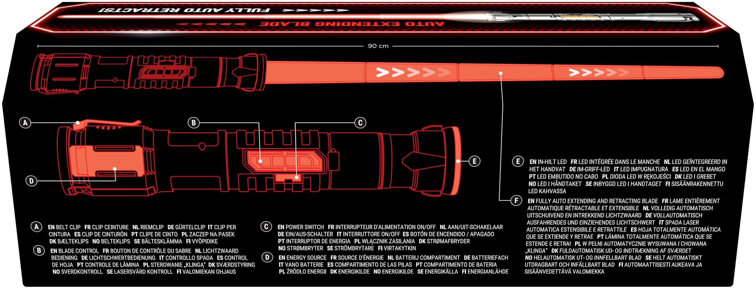 POWER SABER - Czerwony - Miecz laserowy dla dzieci od 6 lat - Automatycznie rozszerzalny i chowany - Realistyczna i bezpieczna świecąca zabawka laserowa - Walka międzygalaktyczna - 30 cm/Rozłożenie 89