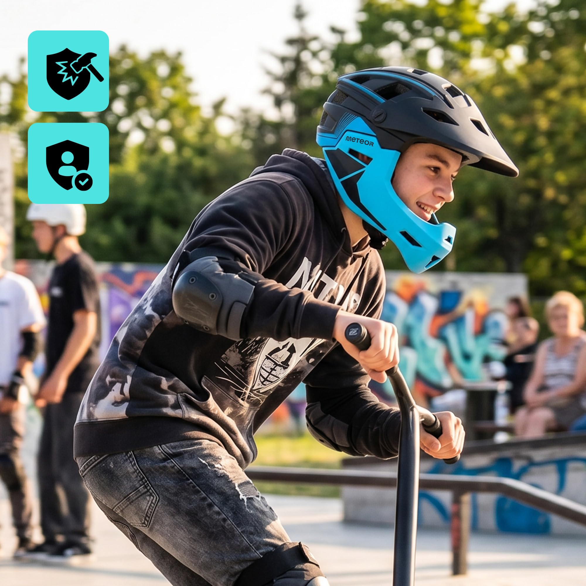 meteor Kask rowerowy full face 2w1 odpinana szczęka dla dzieci i dorosłych | Hydra 2 w 1 z odpinaną szczęką - kask rowerowy full face dla dzieci i dorosłych - EN 1078, lekki - rozmiary S M L