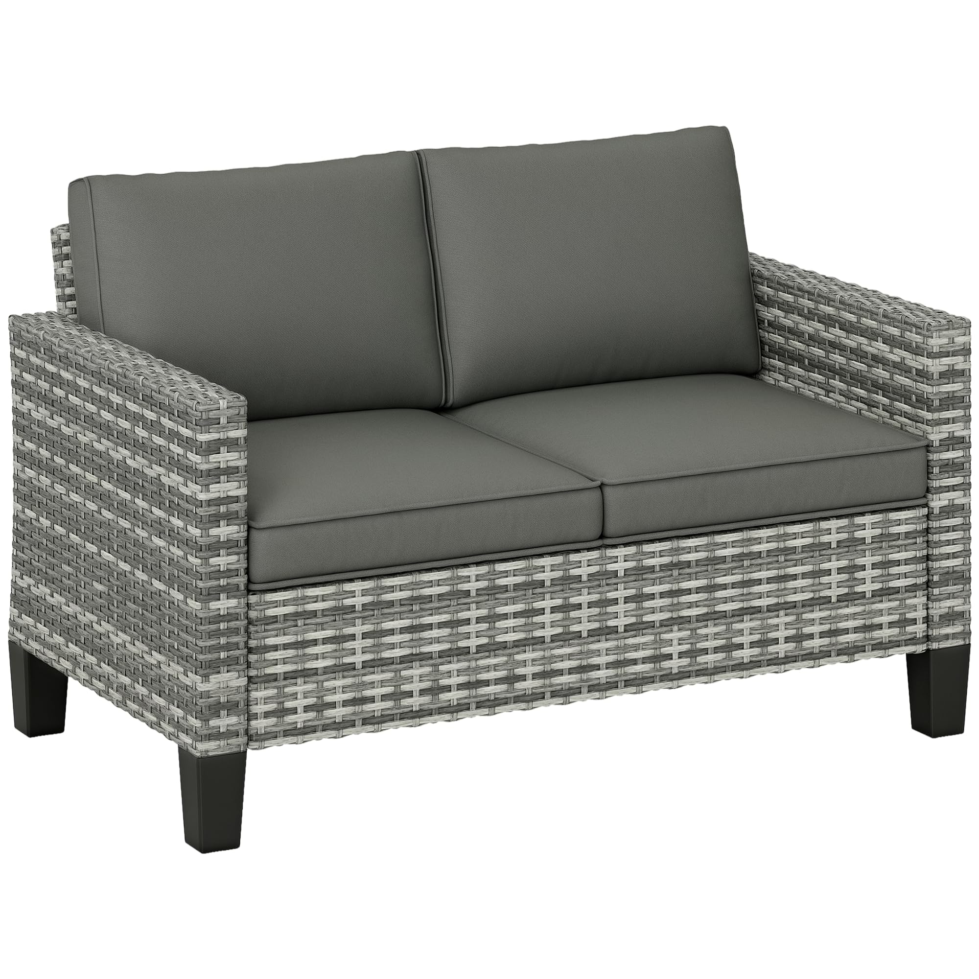 Outsunny 2 Seater Rattan Sofa with Cushions, Wicker Garden Loveseat with Armrests, Outdoor Garden Sofa Couch with Steel Frame for Balcony, Porch, Light Grey