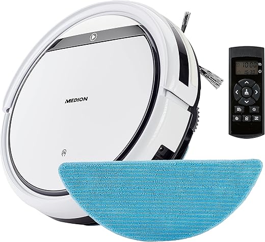 MEDION Saugroboter mit Wischfunktion E32 SW (2in1 Roboterstaubsauger für Böden Fliesen, Tierhaare Allergiker optimiert, Fernbedienung, Ladestation)