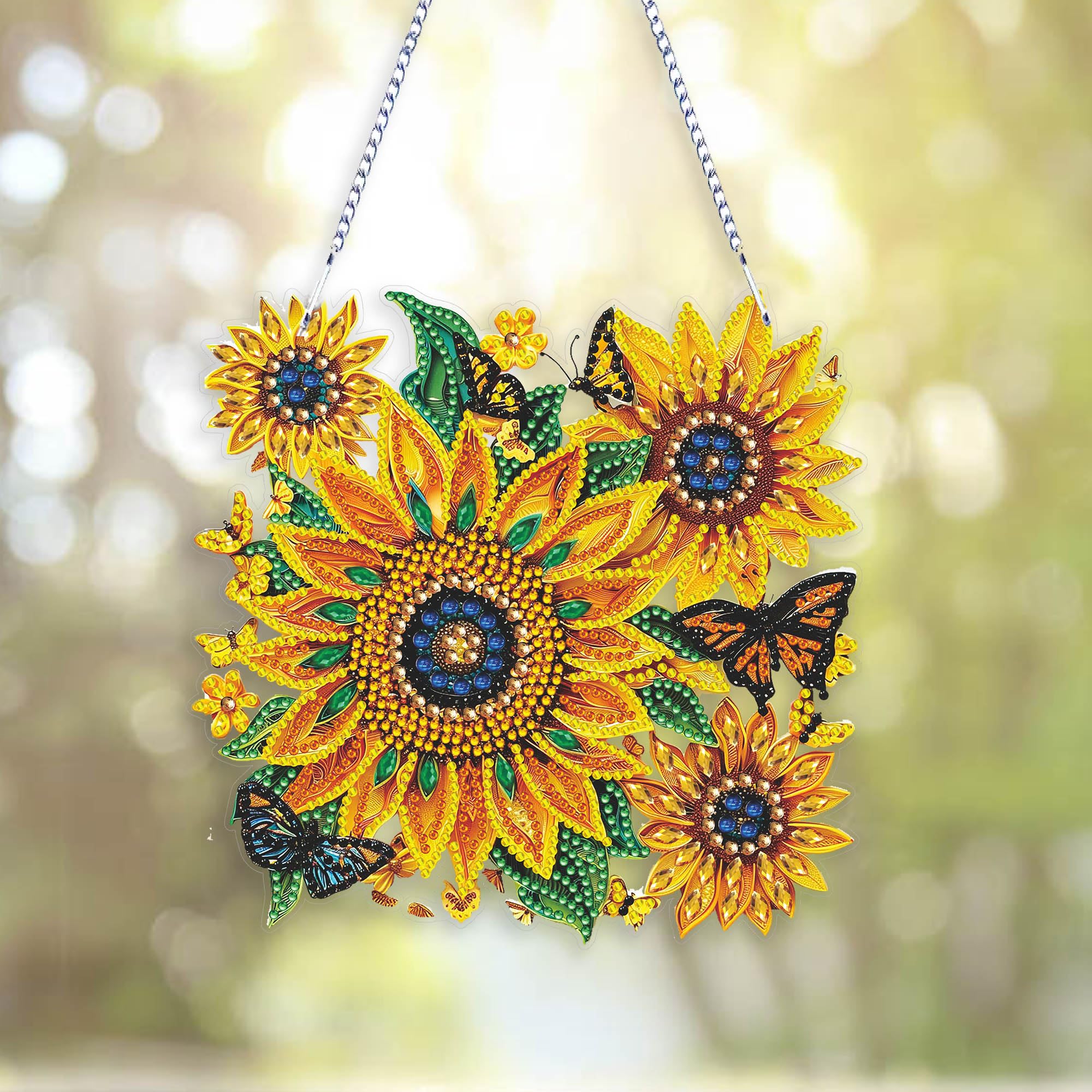 Eiflow DIY Hanging Diamond Painting Sunflower Pendant Kit, 7.4x7.3inch Special Gem Art Kit Ornament, Acrylic Art Board With Chain, Box Package