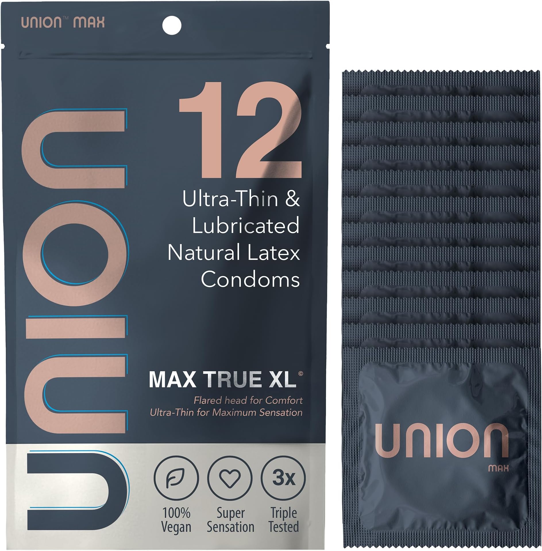 UNION MAX Condoms - True XL - Ultra Thin Large Fit Natural Latex with Flared Head, Lightly Lubrication, Sensitive Bare Feel, Natural Touch and Close Fit Comfort – Extra Large 60mm Size, 12 Count Pack