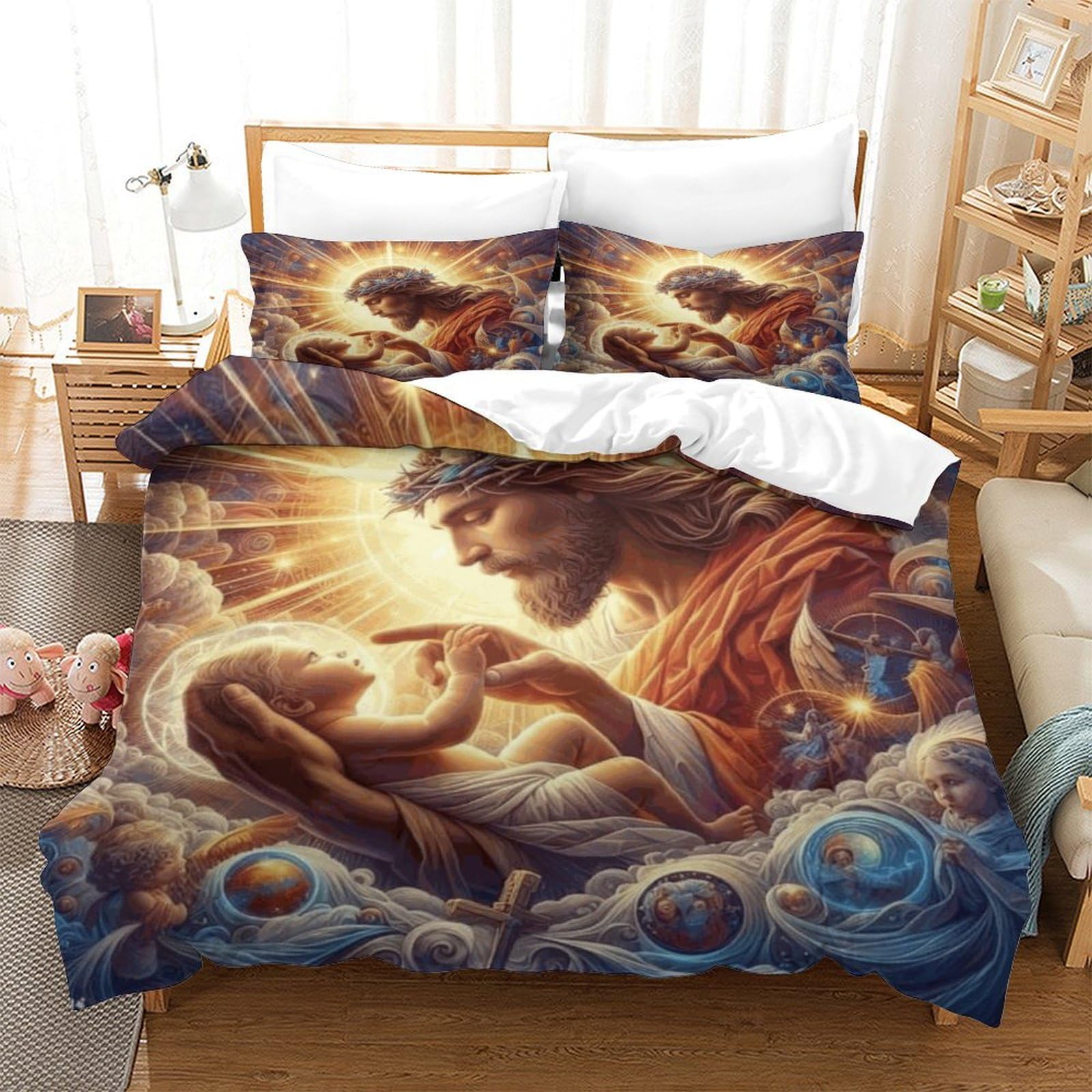 Qpirinmex Jesus Duvet Cover Set 3D Quilt Cover Decorative Microfiber Comforter Cover Set With Pillow Shams, Zipper, Soft Lightweight 3 Pieces King（220X240cm）