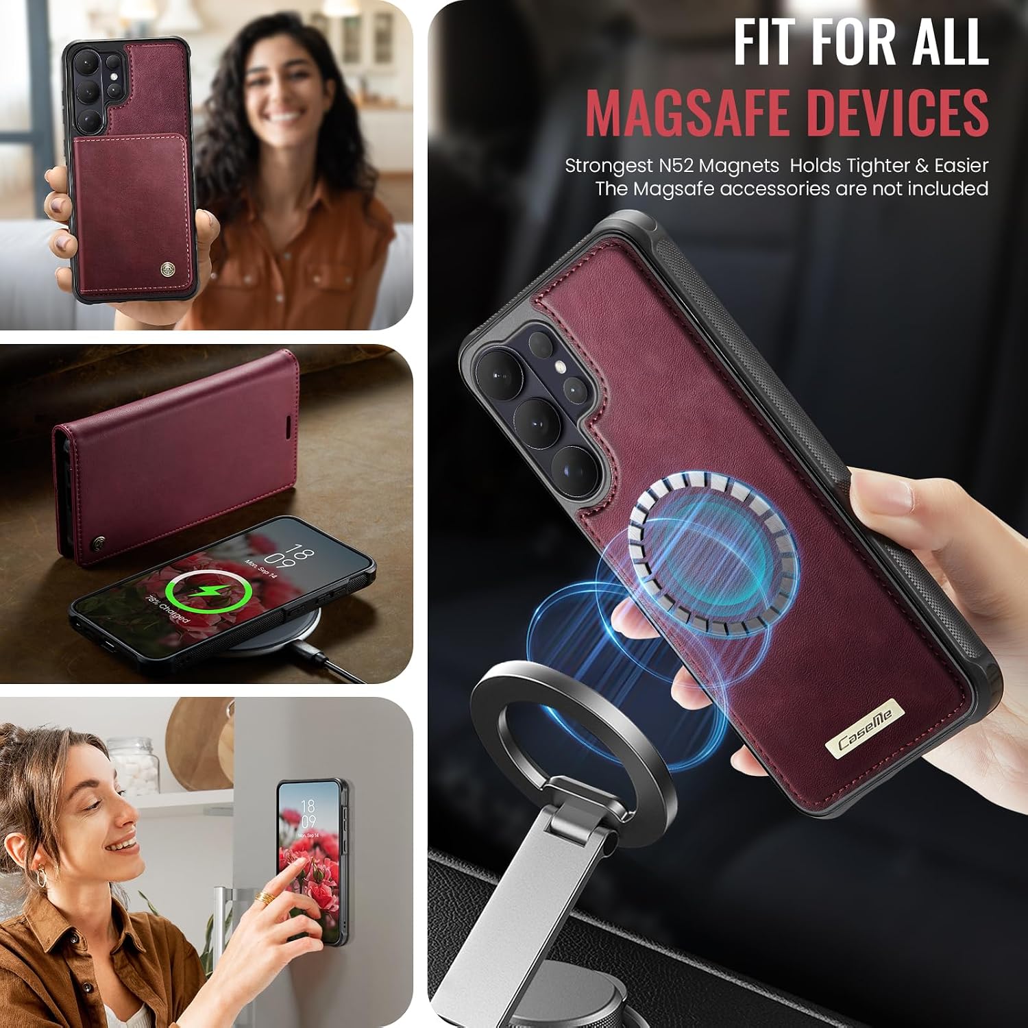 CaseMe Detachable Wallet Case for Samsung Galaxy S26 Ultra, 2in1 Handmade Retro Durable PU Leather Magnetic Closure Flip Shockproof Case with Kickstand and Card Slots for Galaxy S26 Ultra (Red)