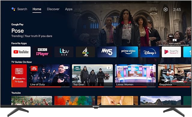 SHARP 4T-C50FN6KL2AB 50-Inch 4K Android Smart TV, Frameless UHD HDR with Google Assistant, HDMI 2.1 with eARC, Dolby Vision, Chromecast Built-in, Bluetooth, Freeview Play & Wireless Streaming  Black