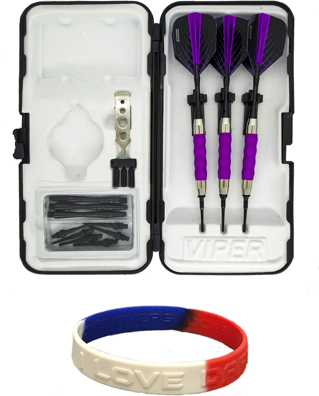 sure grip Viper Purple Soft Tip Darts with Dart Case & Accessories Choice of Flights 16 or 18 Grams Plus I Love Darts Bracelet (Harrows Quantum, 18)