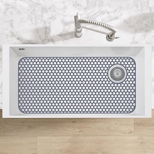 Miniatura 26 de Paquete de 2 tapetes de silicona para fregadero de 13.58 x 11.6 pulgadas, protectores para fregadero de cocina con drenaje central, rejilla Gris