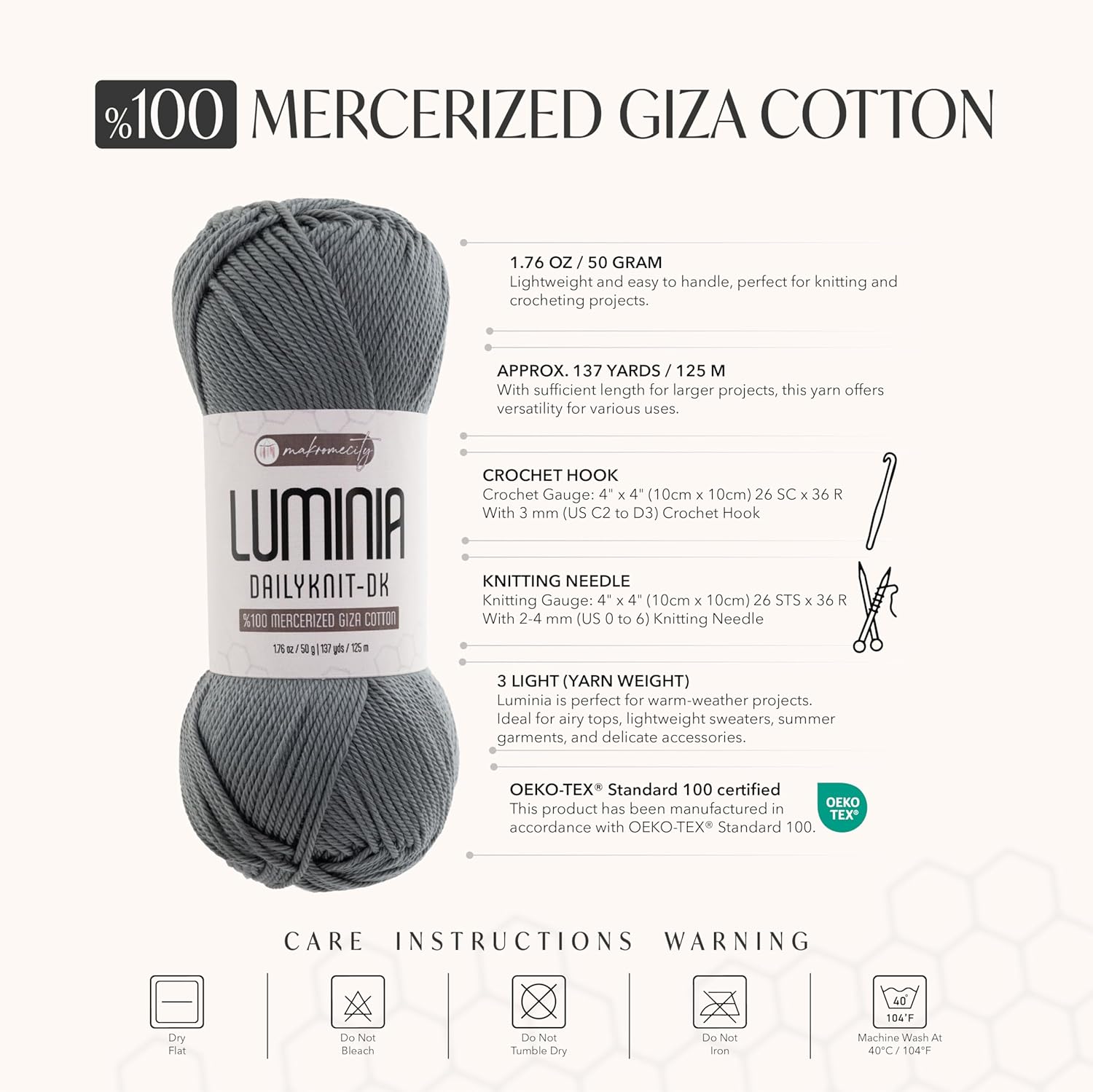 Makromecity Luminia Mercerized Giza Cotton Yarn, Lightweight #3 DK Yarn for Knitting & Crochet, 50g/137yd, Soft Silky Shine Perfect for Summer Garments, Tops & Baby Projects (Grey, 3 Skeins)
