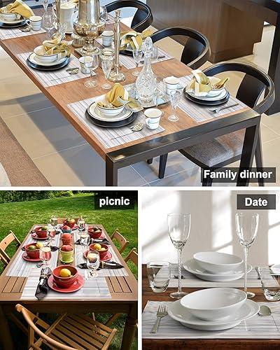 Miniatura 5 de Juego de 4 manteles individuales para mesa de comedor, diseño de rayas bohemias, manteles individuales de algodón y lino con bolsillo, arpillera