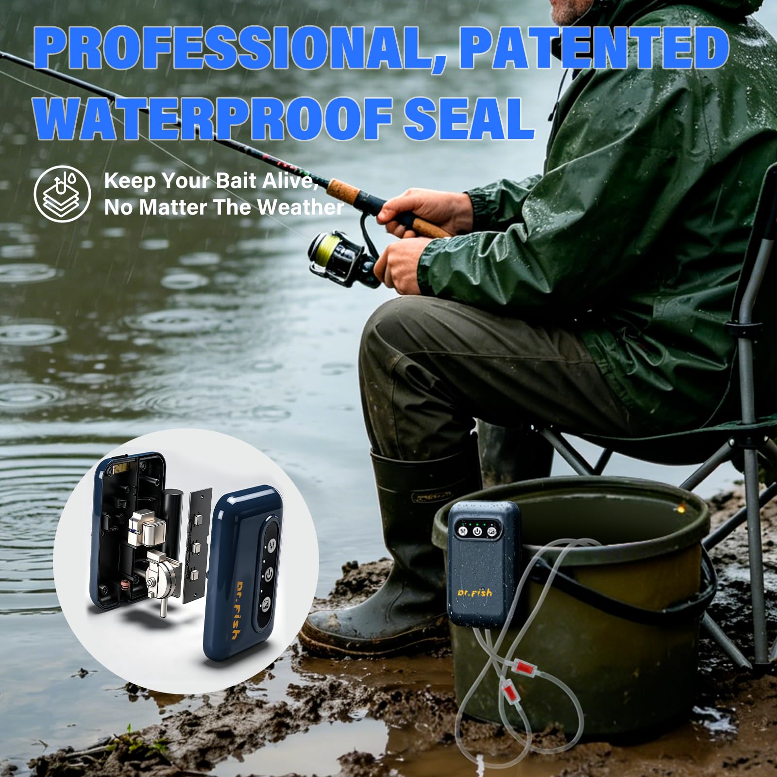 Dr.Fish Pompa ad aria per acquario, alimentata a batteria da 2600 mAh/5200 mAh, ricaricabile tramite USB, fino a 72 ore di durata, silenziosa, per pesca all'aperto