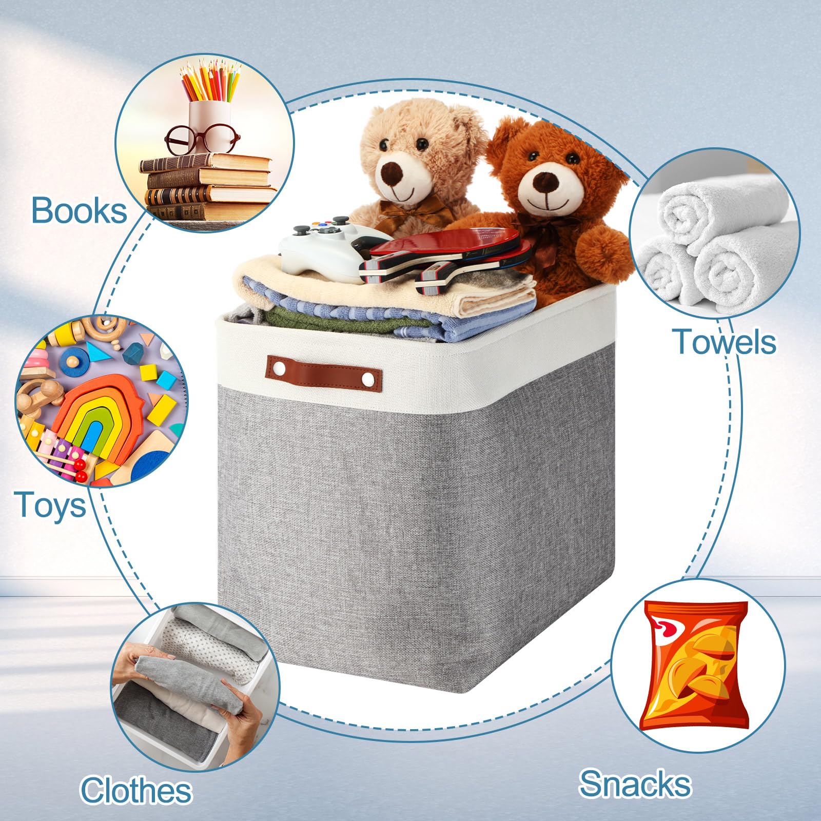 Uiifan Faltbare Aufbewahrungskörbe aus Stoff, faltbar, mit Griffen, Stoffkorb, Organizer, Leinen-Regalkörbe für Regale, Zuhause, Schrank, Kinderzimmer, Spielzeug (grau und weiß, 43,2 x 38,1 x 30,5 cm)