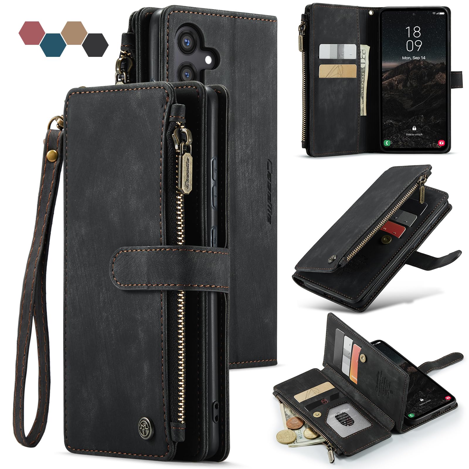 Samsung Galaxy S24 5G Wallet Case with Card Holder Kickstand Magnetic Zipper Pocket Lanyard Strap Wristlet,Leather Flip Case Wallet for Samsung Galaxy S24 5G 6.2 Inch (Black)